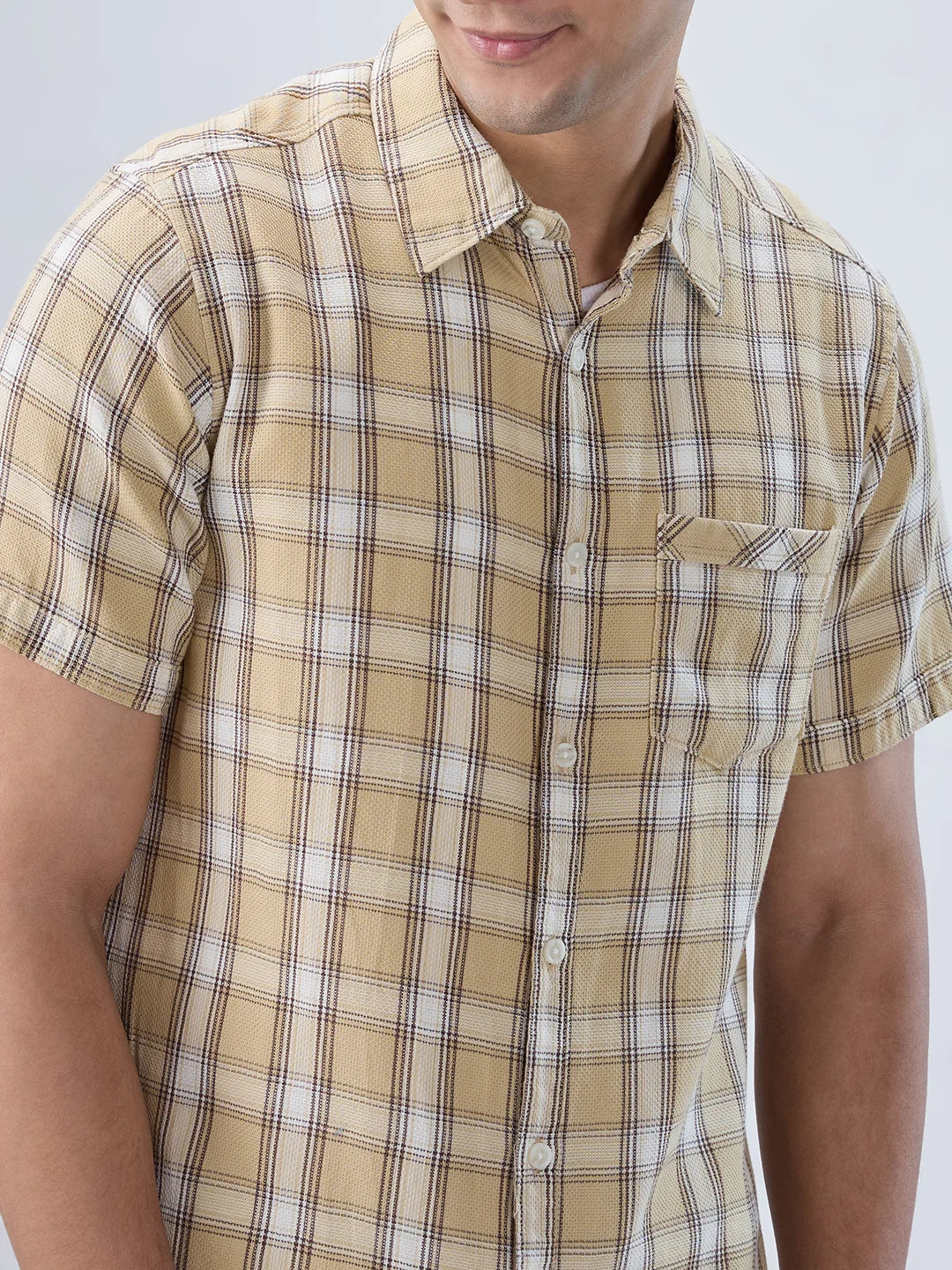 Men Shirt Check Beige Regular Fit - Image 4