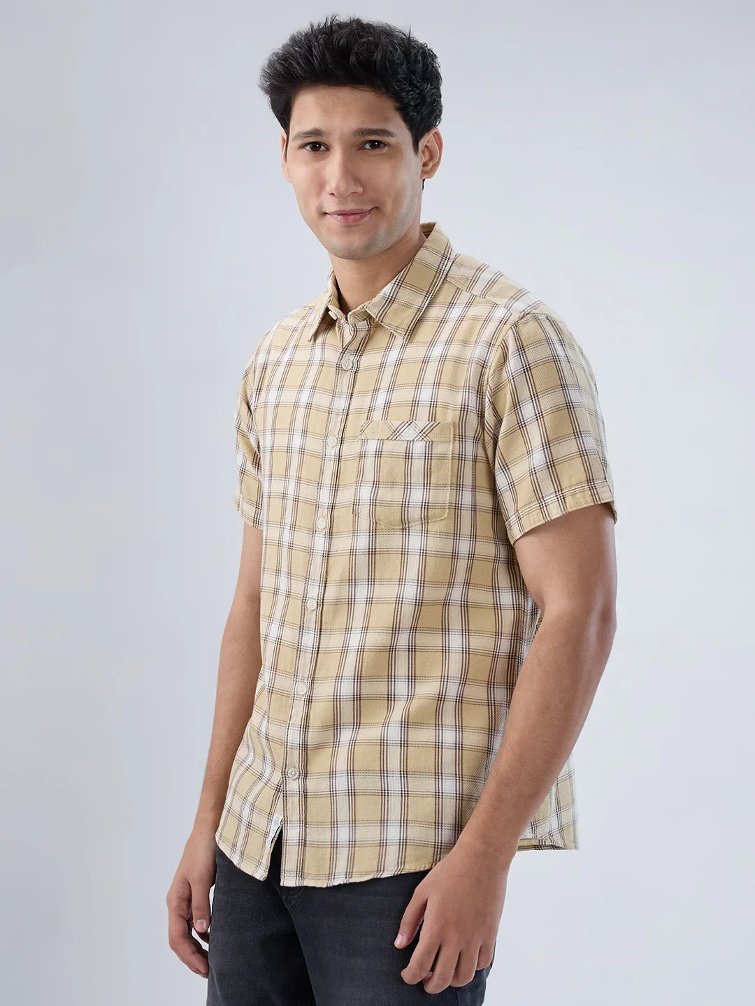 Men Shirt Check Beige Regular Fit - Image 5