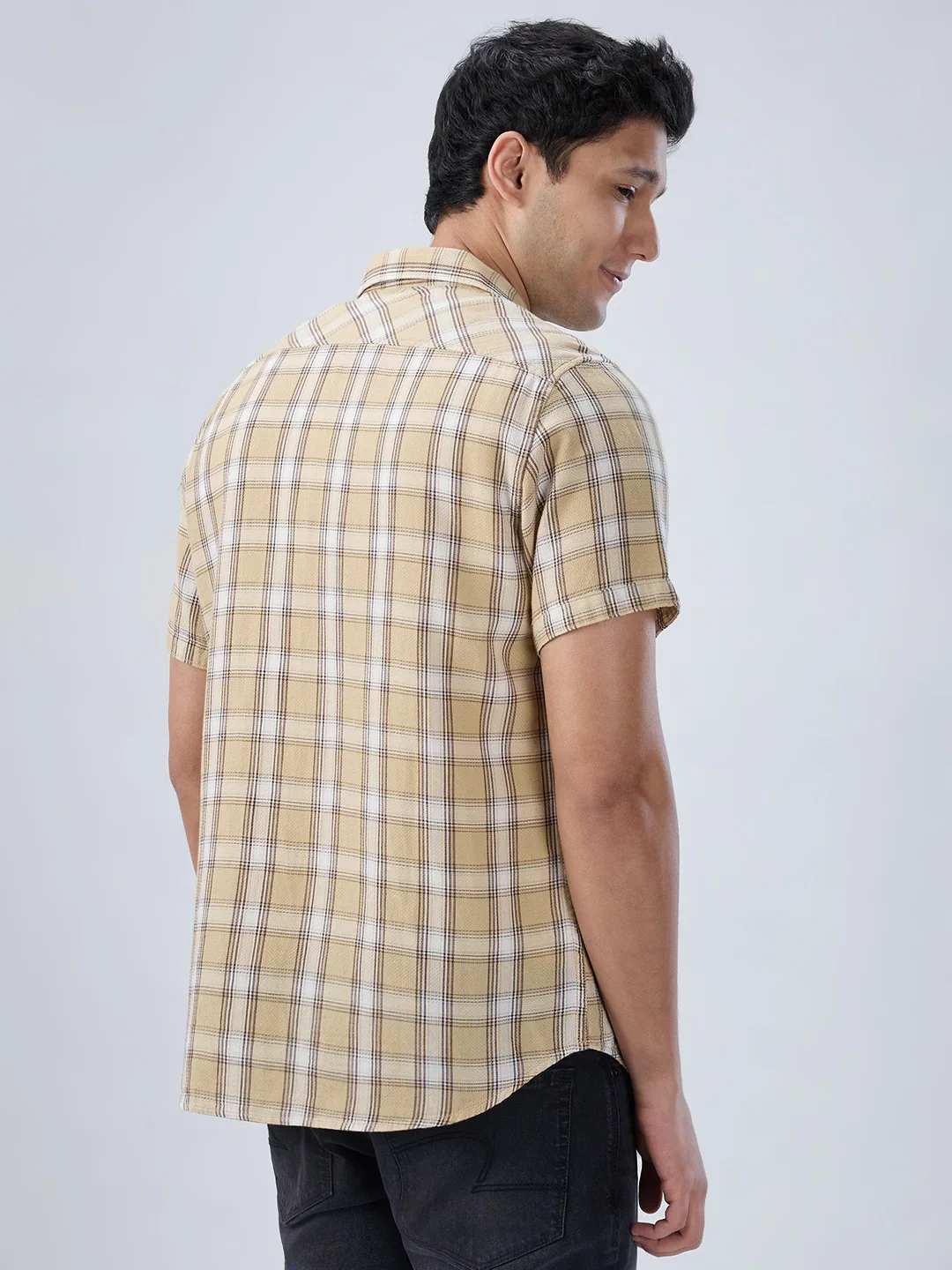 Men Shirt Check Beige Regular Fit - Image 6