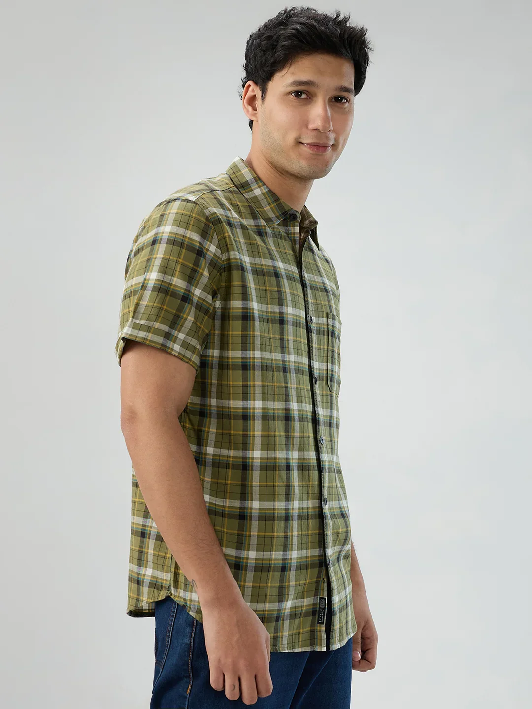 Men Shirt Check Green Regular Fit - Image 3