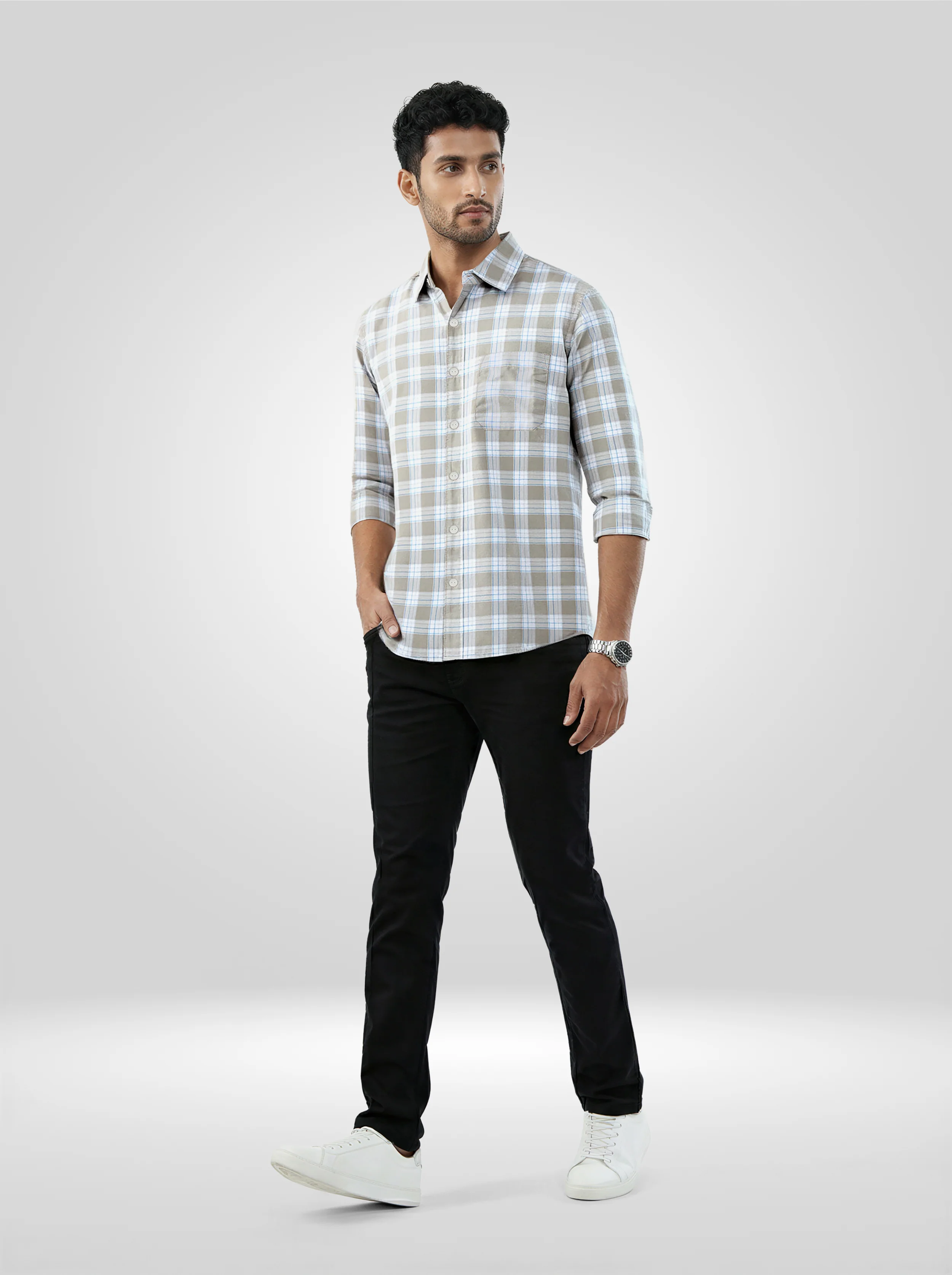 Men Shirt Check Grey Regular Fit - Image 2