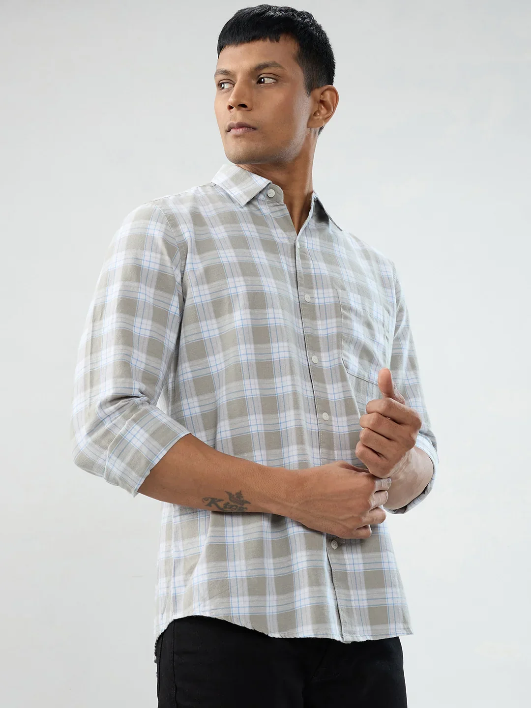 Men Shirt Check Grey Regular Fit - Image 3