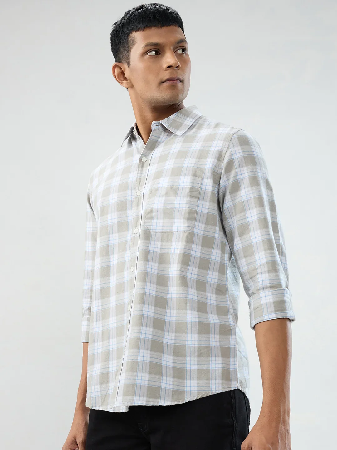Men Shirt Check Grey Regular Fit - Image 4