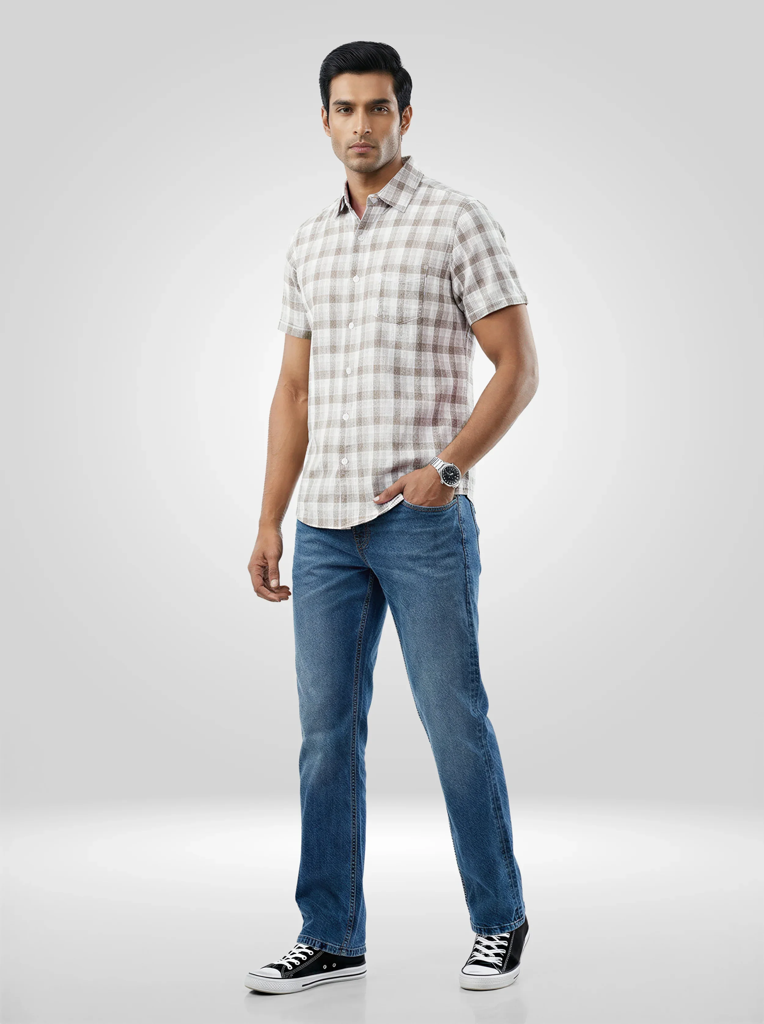 Men Shirt Check Green Regular Fit - Image 2