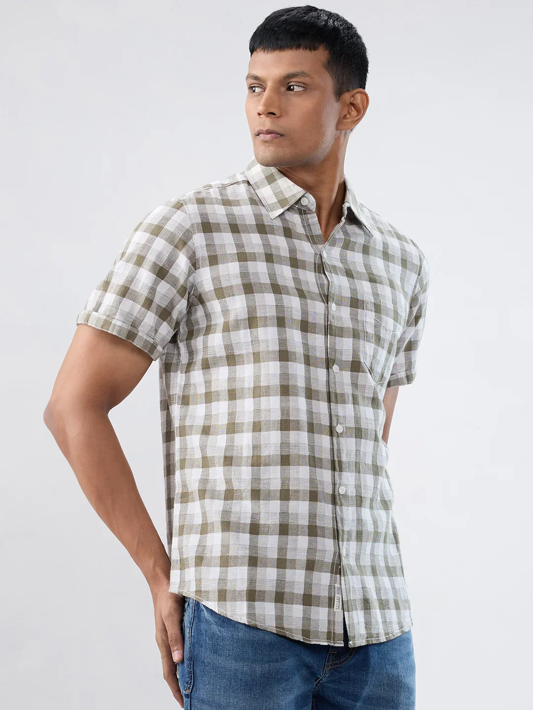 Men Shirt Check Green Regular Fit - Image 3