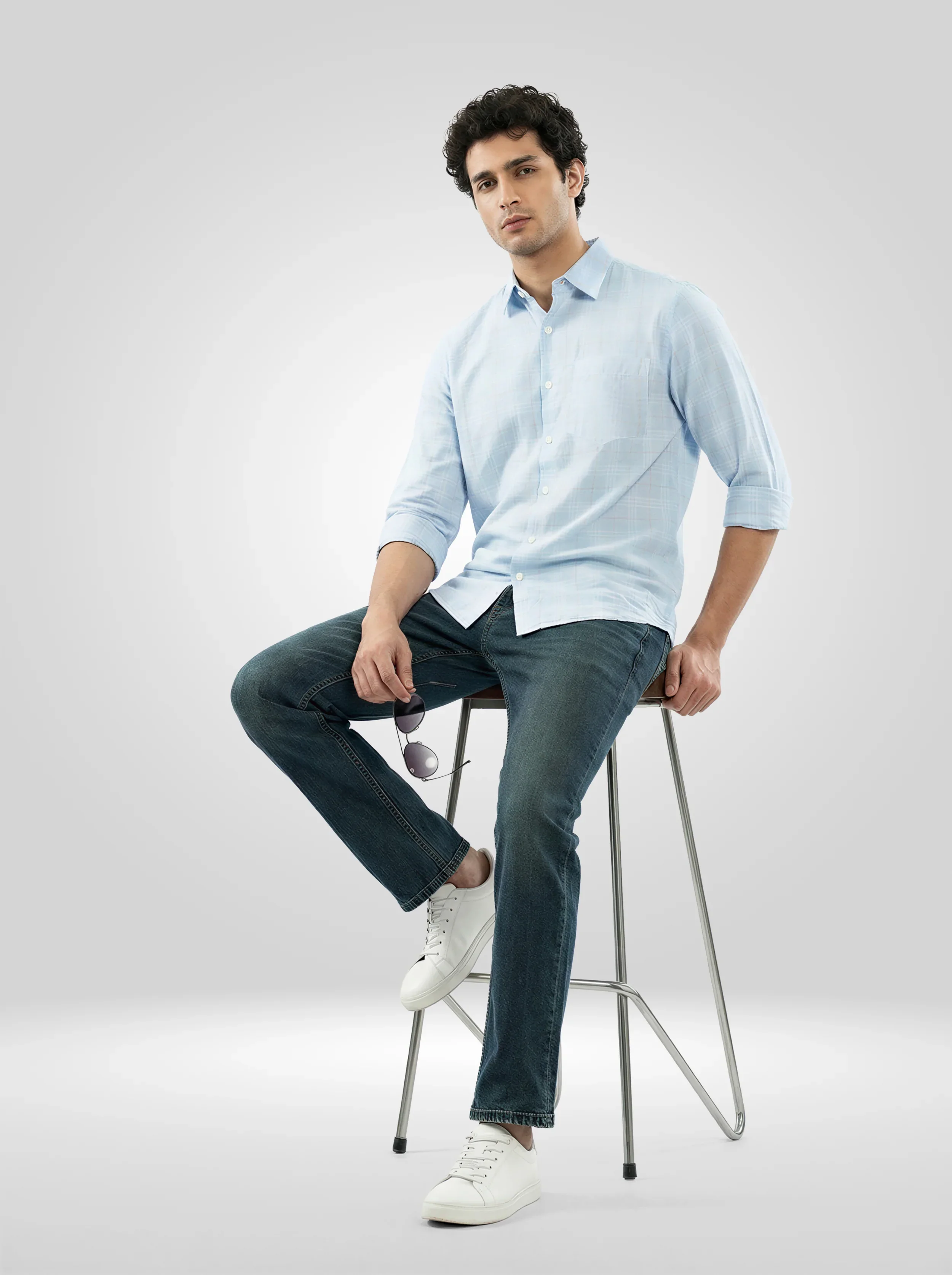 Men Shirt Check Blue Regular Fit - Image 2