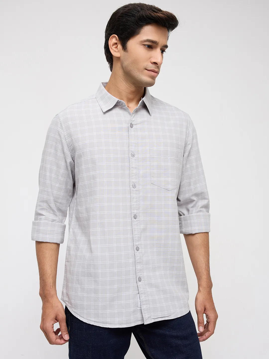 Men Shirt Check Light Grey Regular Fit