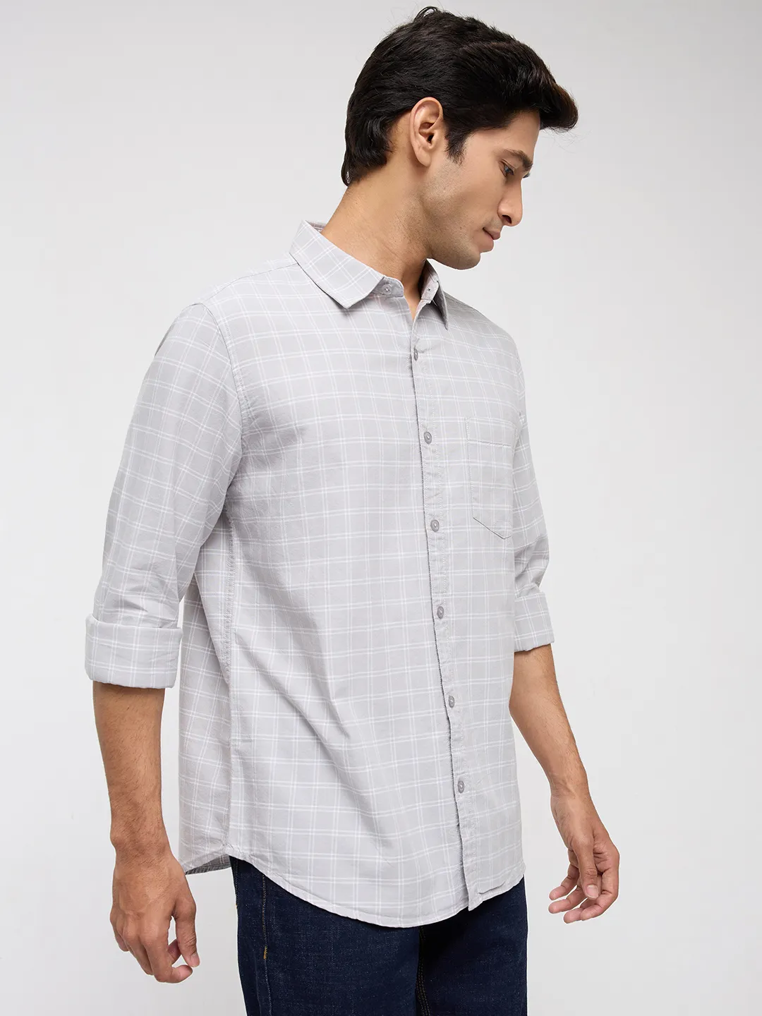 Men Shirt Check Light Grey Regular Fit - Image 3