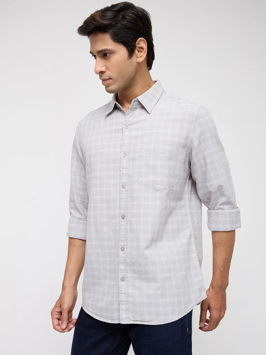 Men Shirt Check Light Grey Regular Fit - Image 4