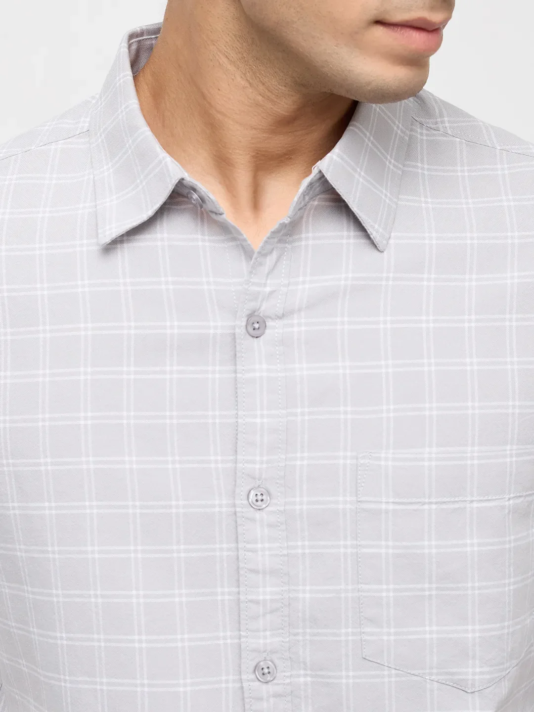 Men Shirt Check Light Grey Regular Fit - Image 6