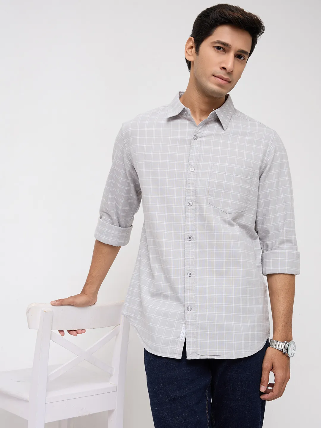 Men Shirt Check Light Grey Regular Fit - Image 7