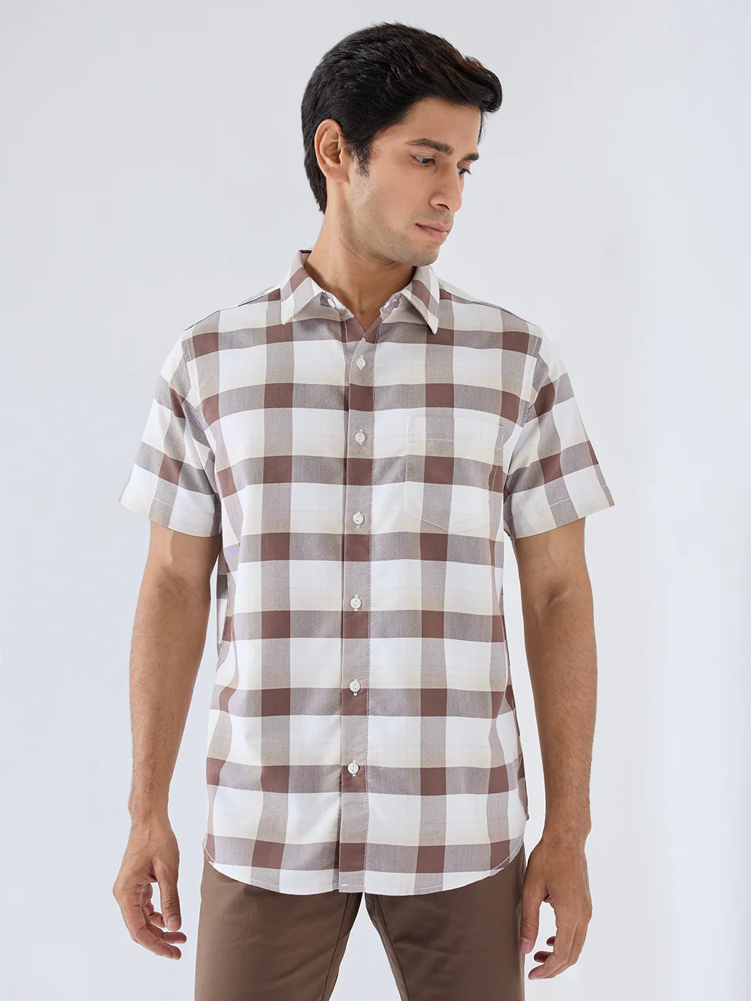 Men Shirt Check Brown Regular Fit
