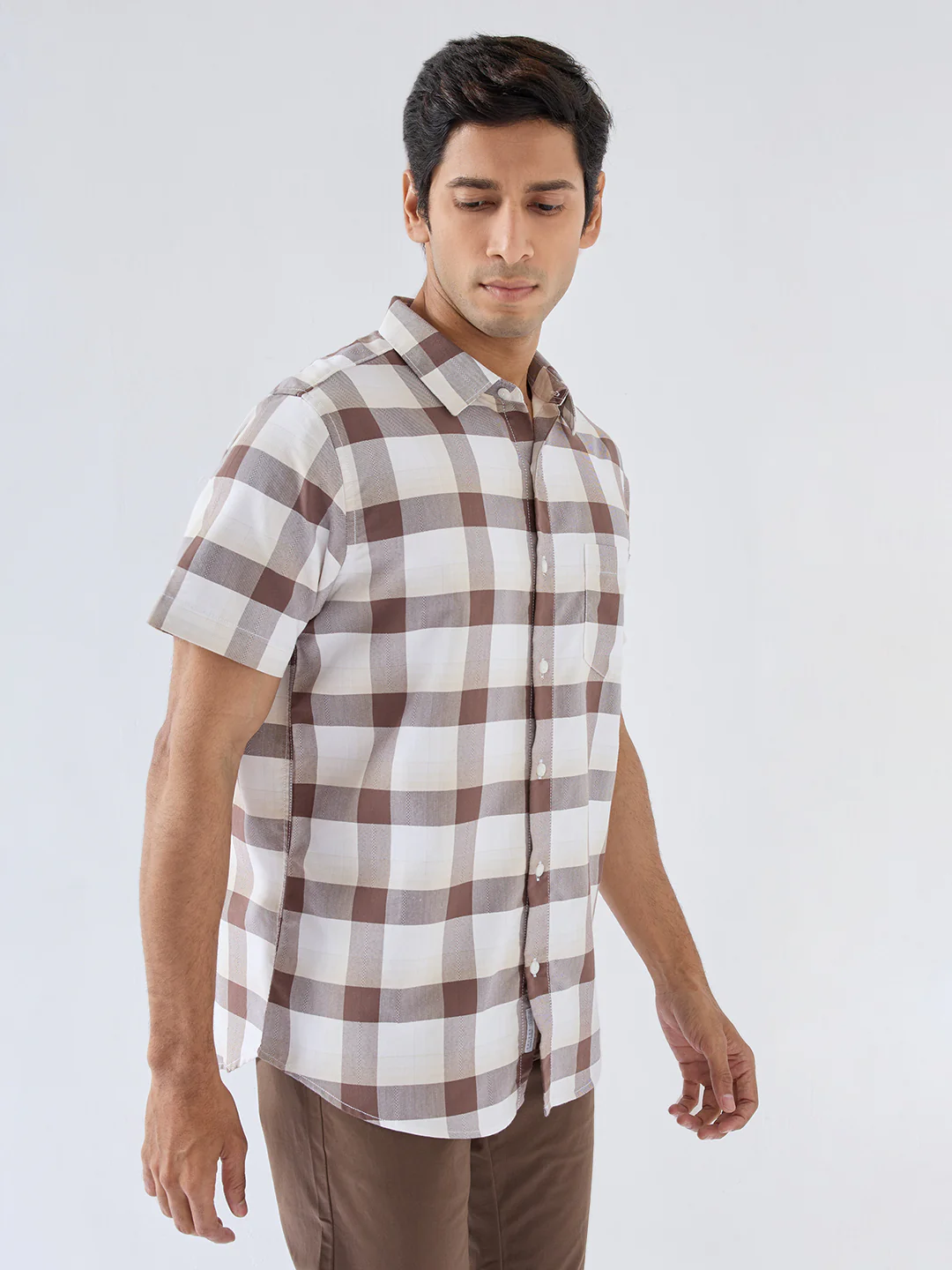 Men Shirt Check Brown Regular Fit - Image 3