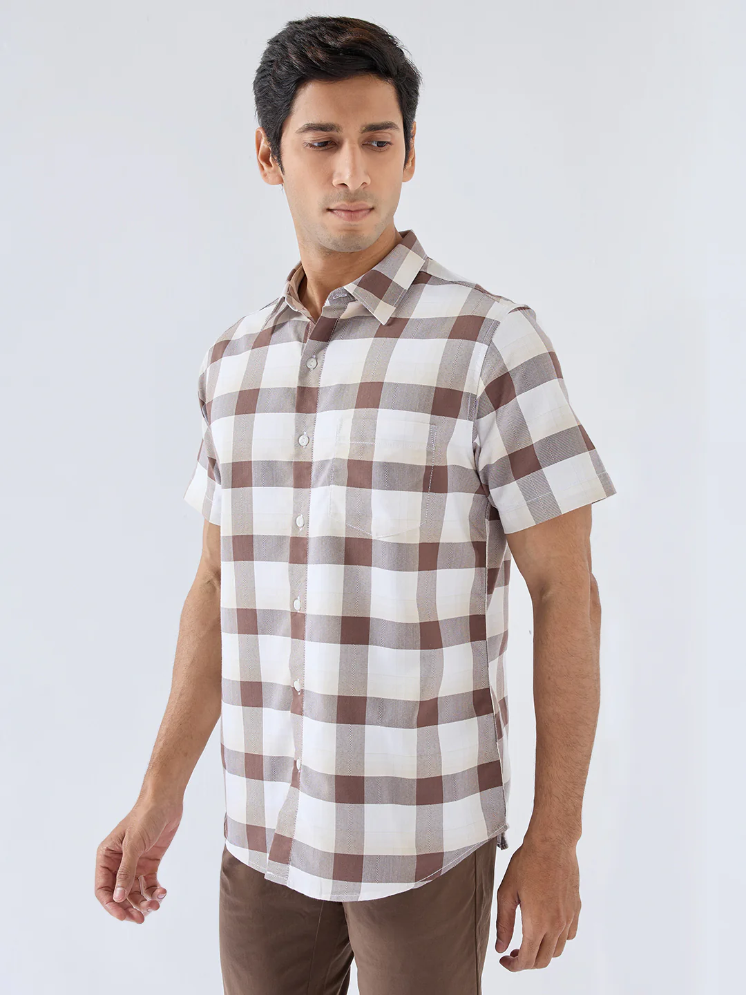 Men Shirt Check Brown Regular Fit - Image 4