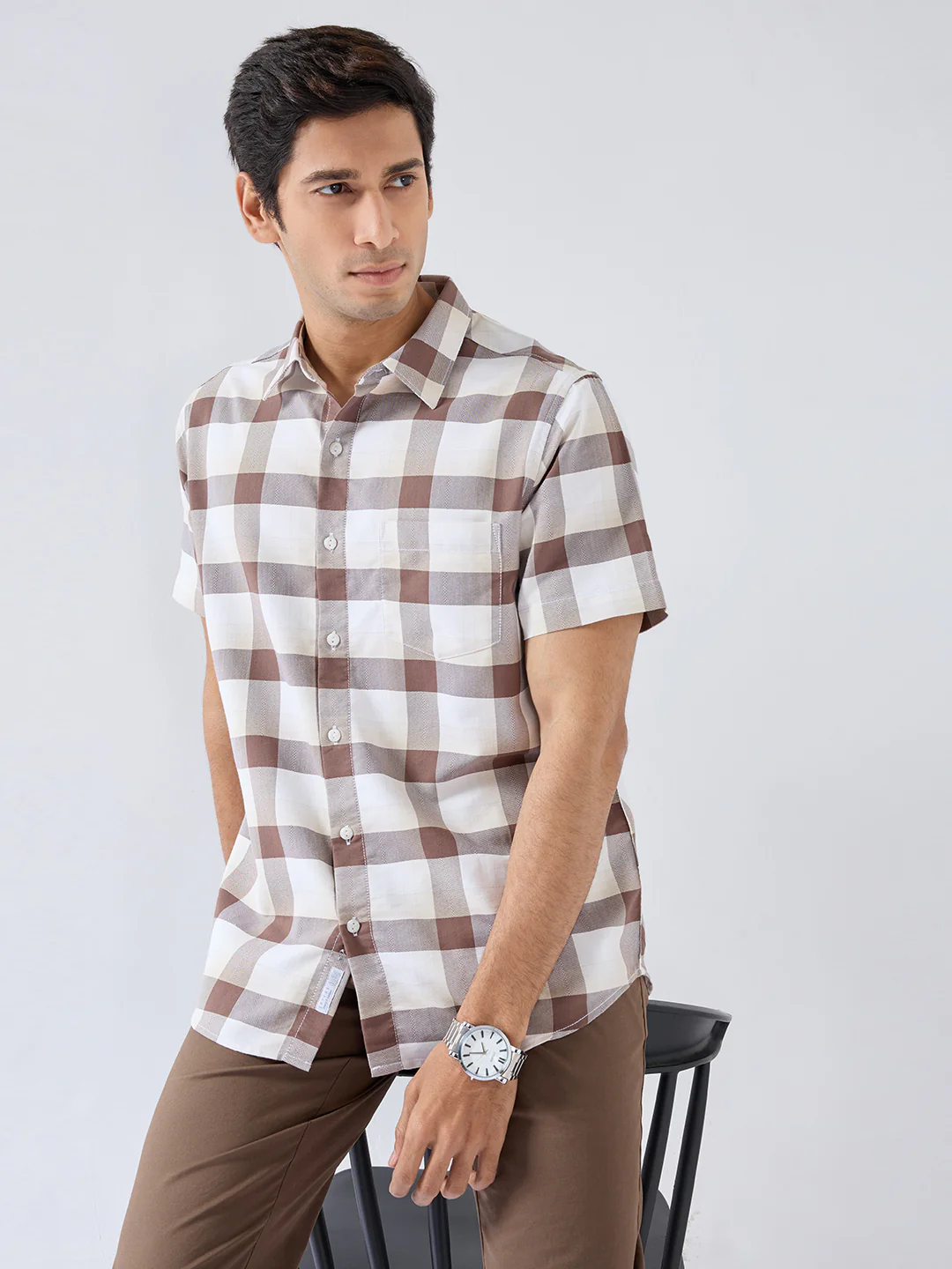 Men Shirt Check Brown Regular Fit - Image 7