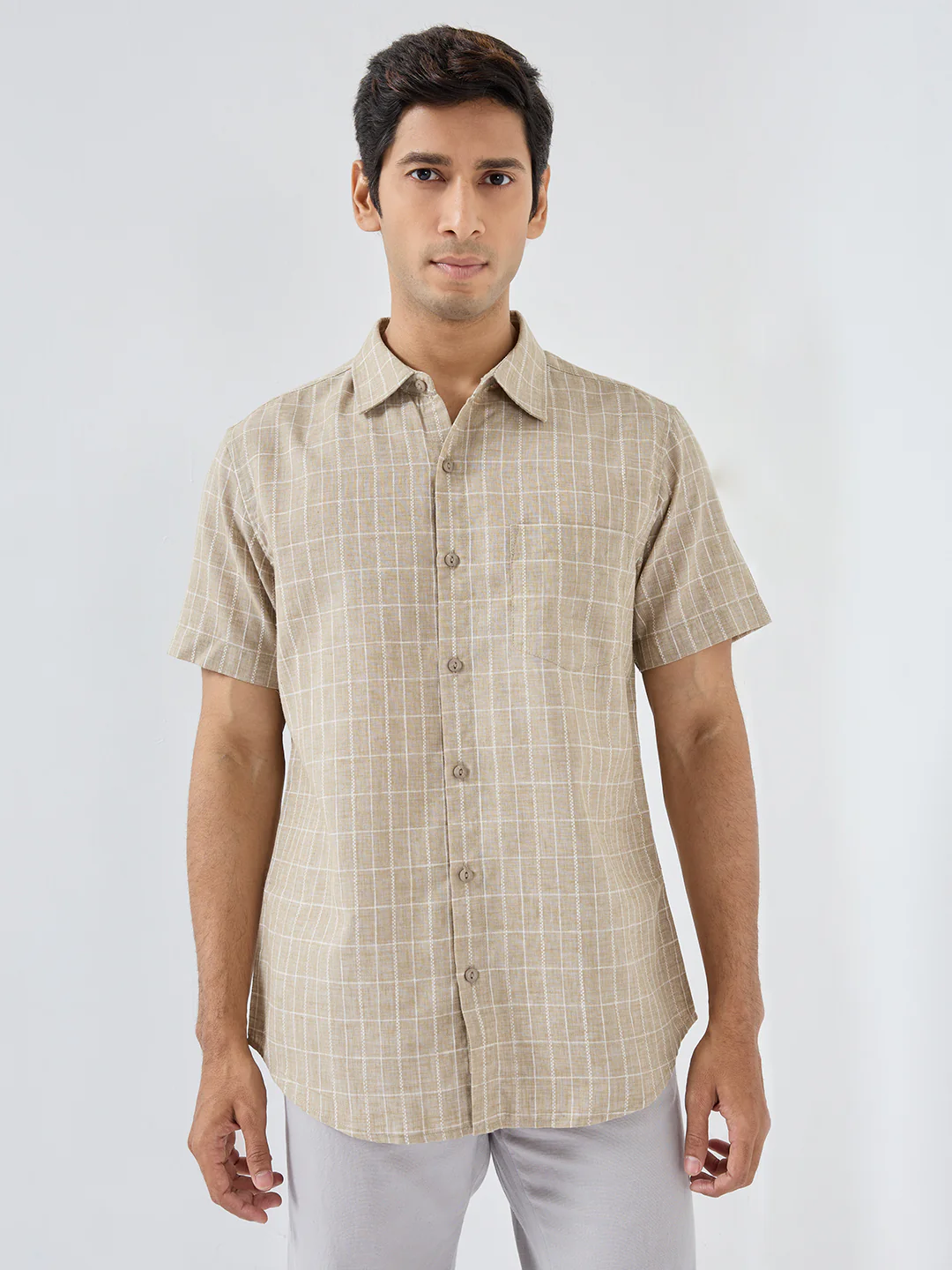 Men Shirt Check Beige Regular Fit