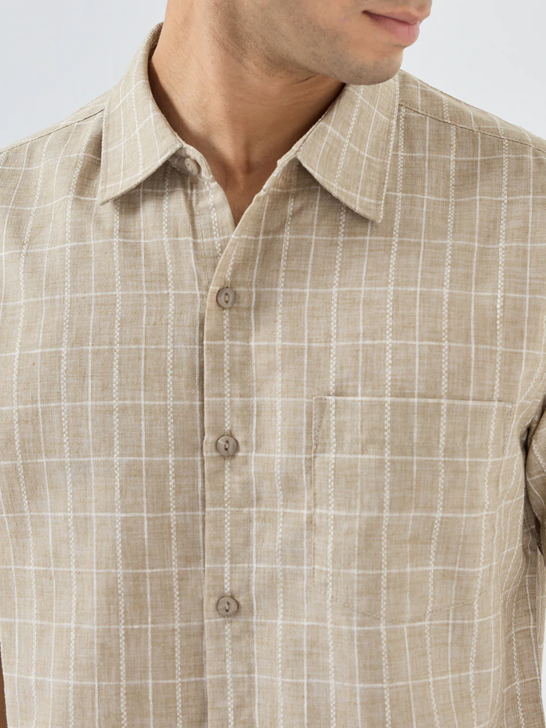 Men Shirt Check Beige Regular Fit - Image 6