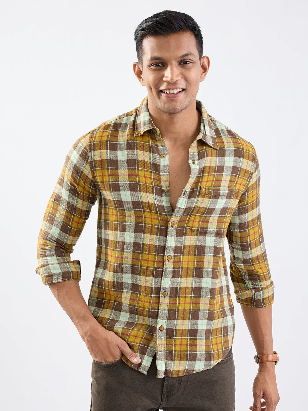 Men Shirt Brown Slim Fit - Image 2