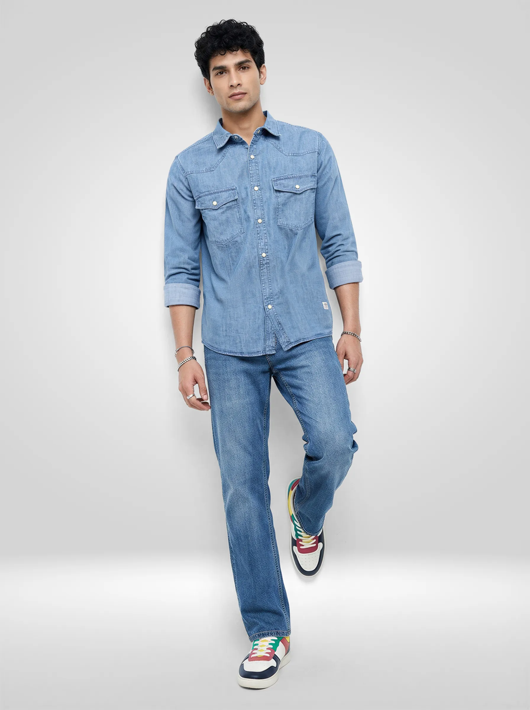 Men Shirt Denim Mid Blue Regular Fit - Image 2