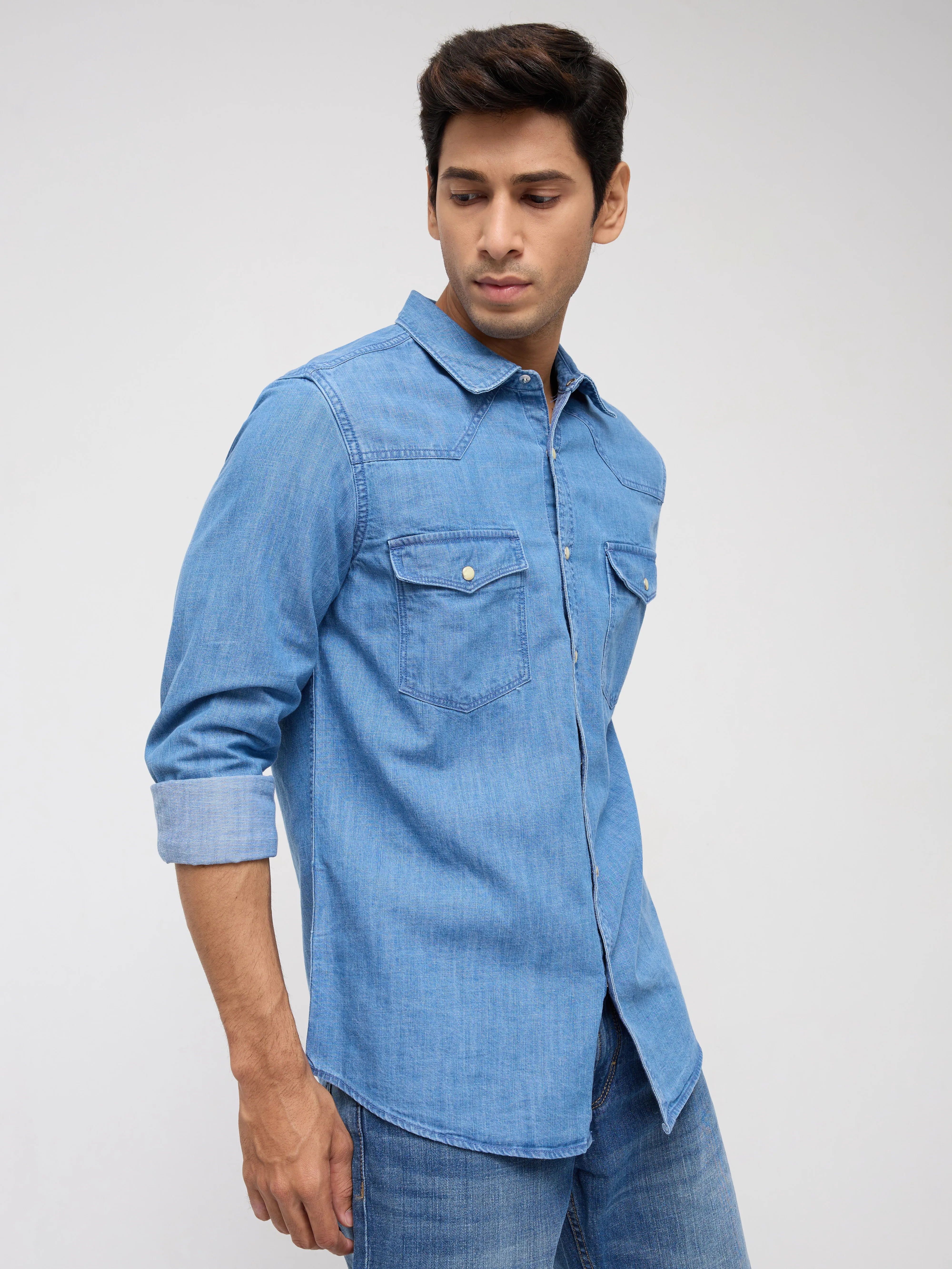 Men Shirt Denim Mid Blue Regular Fit - Image 3