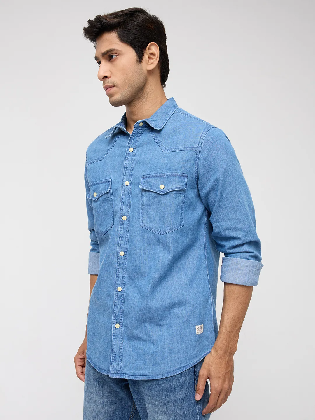 Men Shirt Denim Mid Blue Regular Fit - Image 4