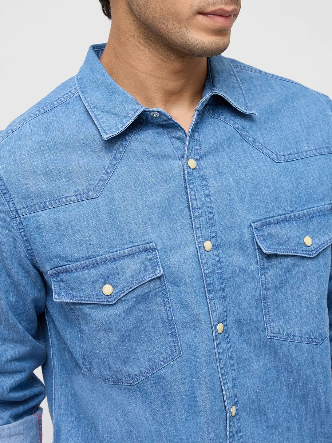 Men Shirt Denim Mid Blue Regular Fit - Image 6