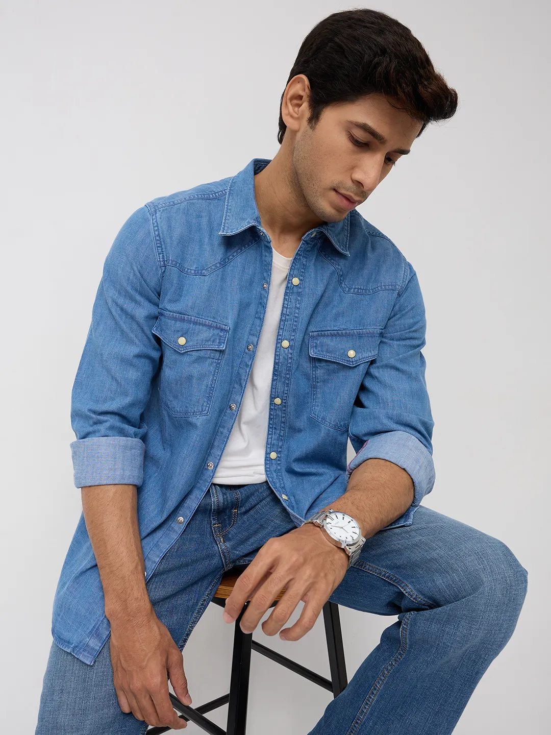 Men Shirt Denim Mid Blue Regular Fit - Image 7