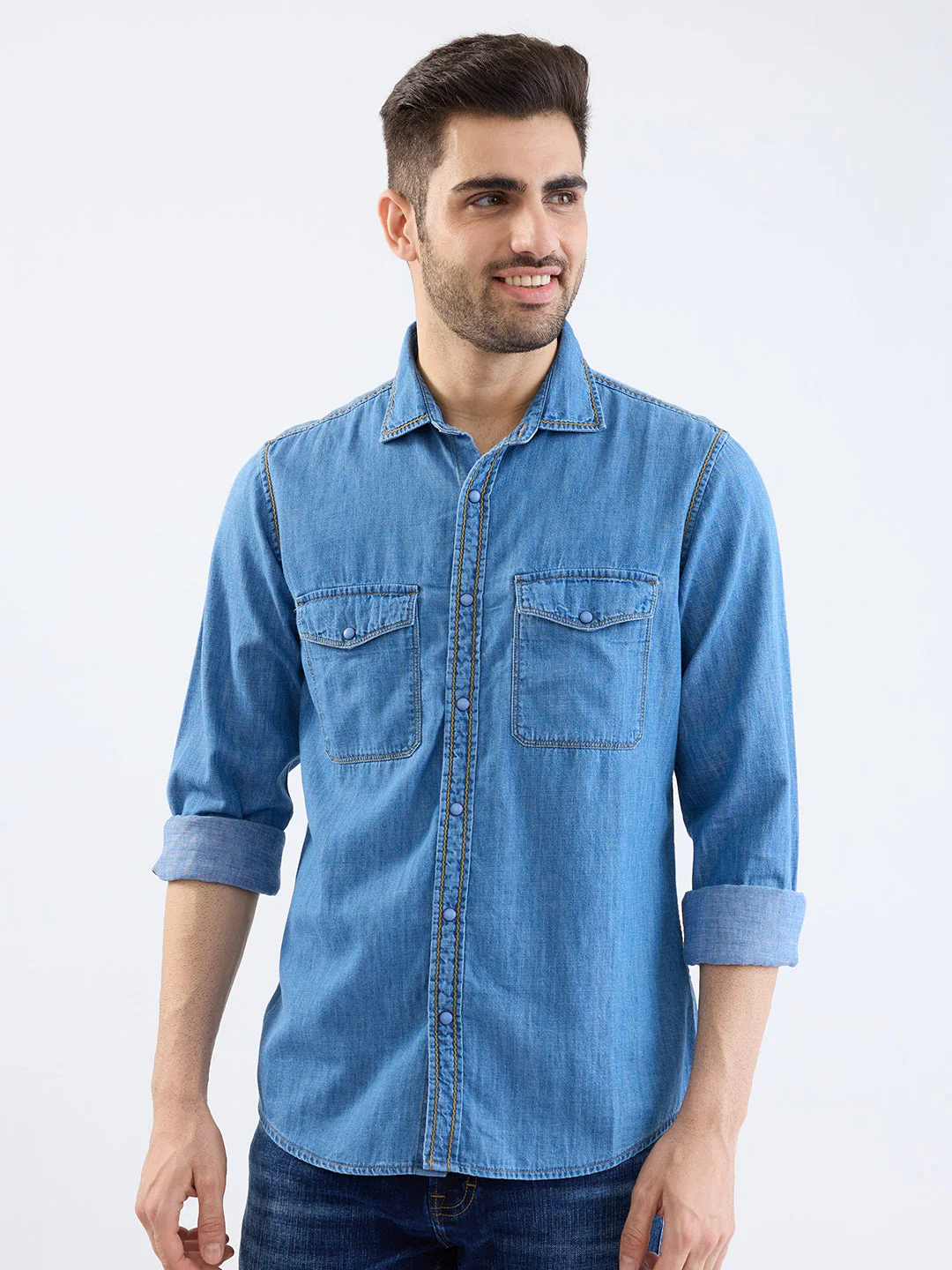 Men Shirt Blue Slim Fit - Image 2