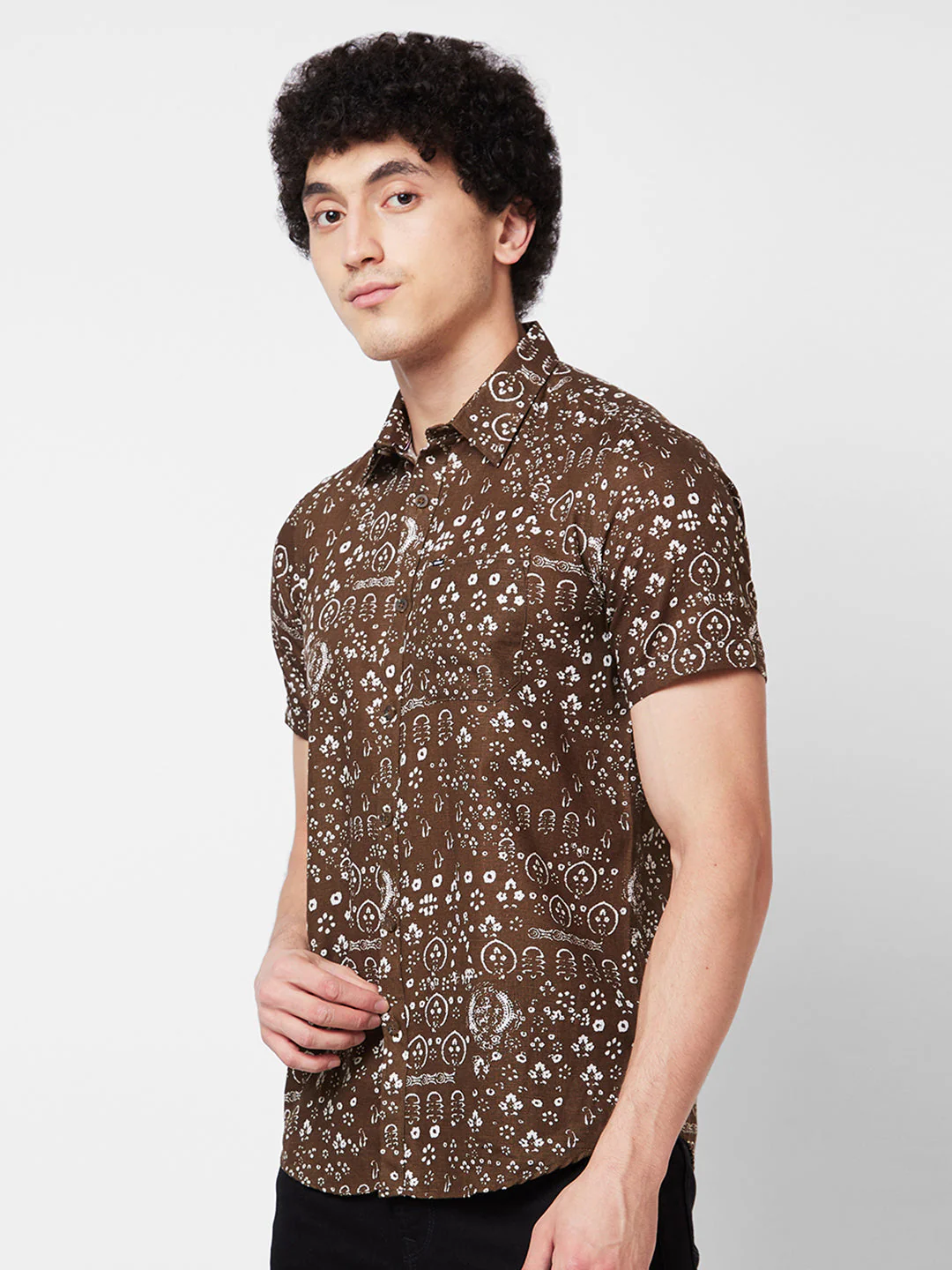 Men Shirt Print Brown Regular Fit - Image 4
