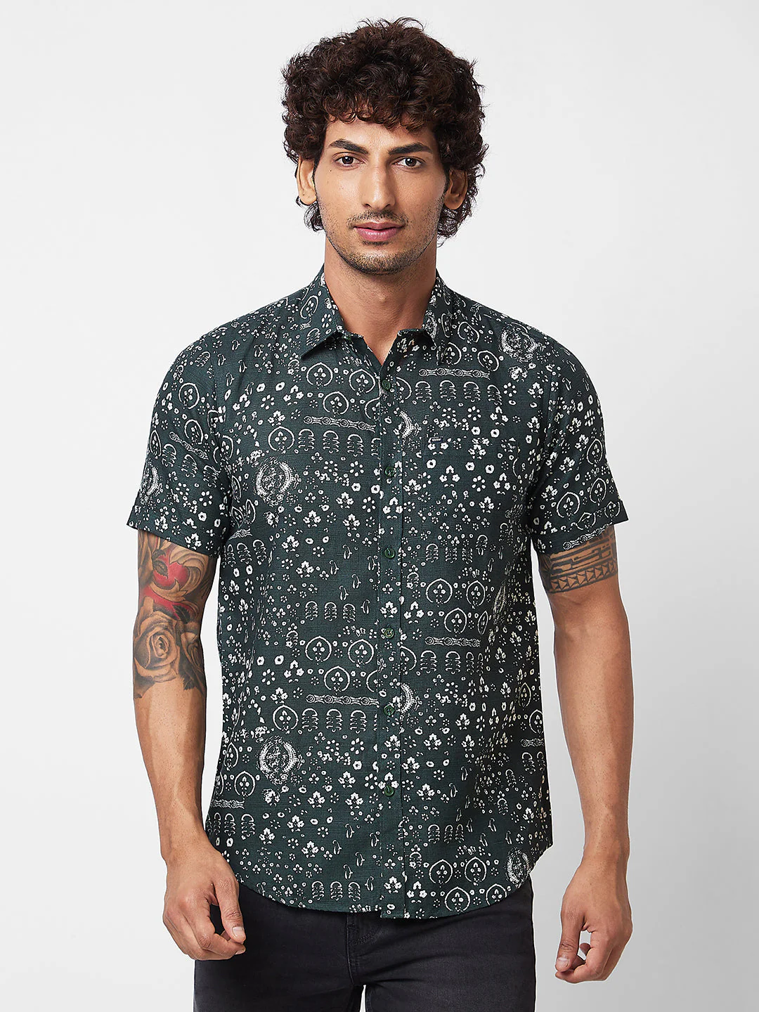 Men Shirt Print Green Regular Fit
