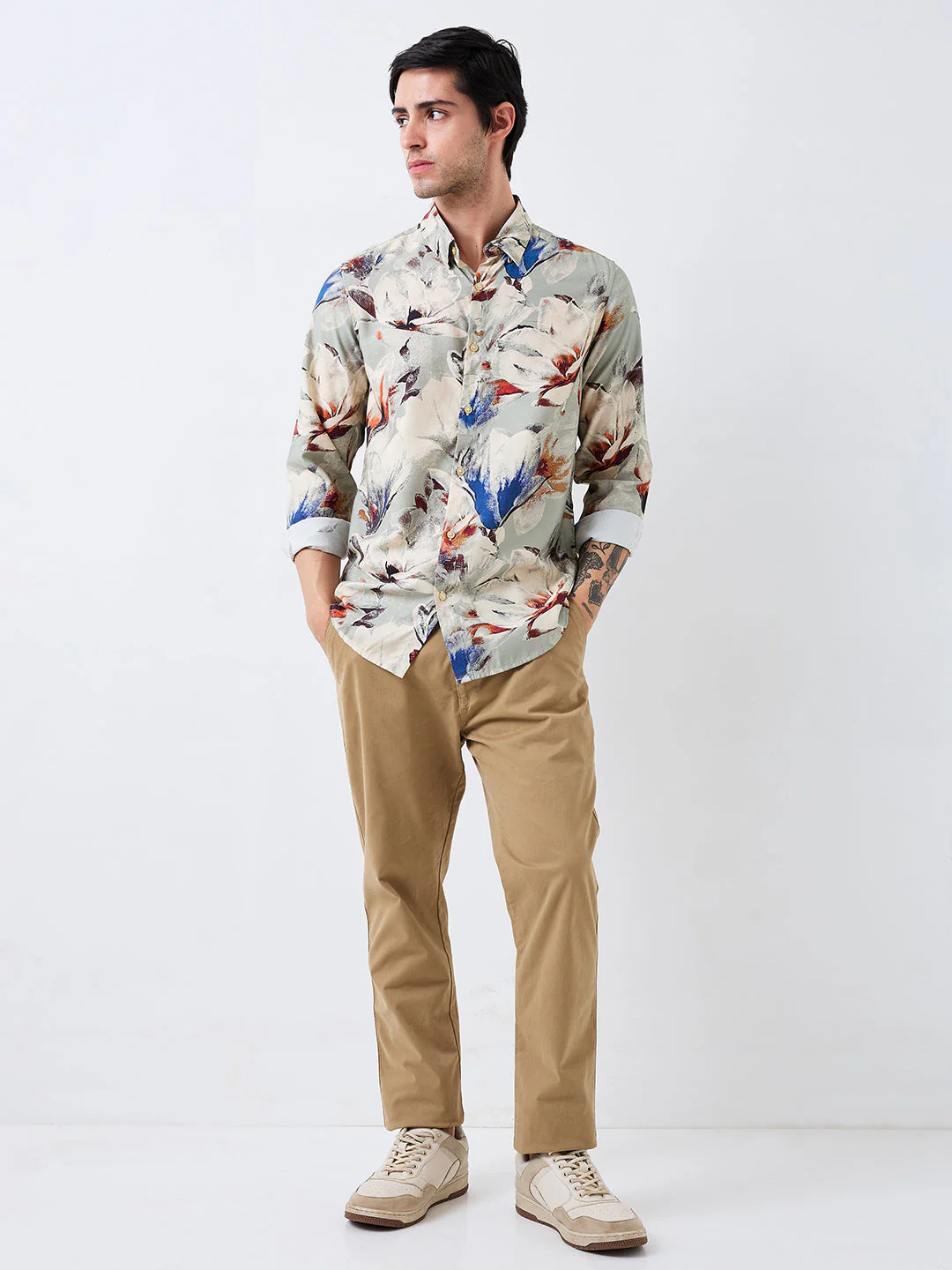 Men Shirt Print Grey Slim Fit - Image 2