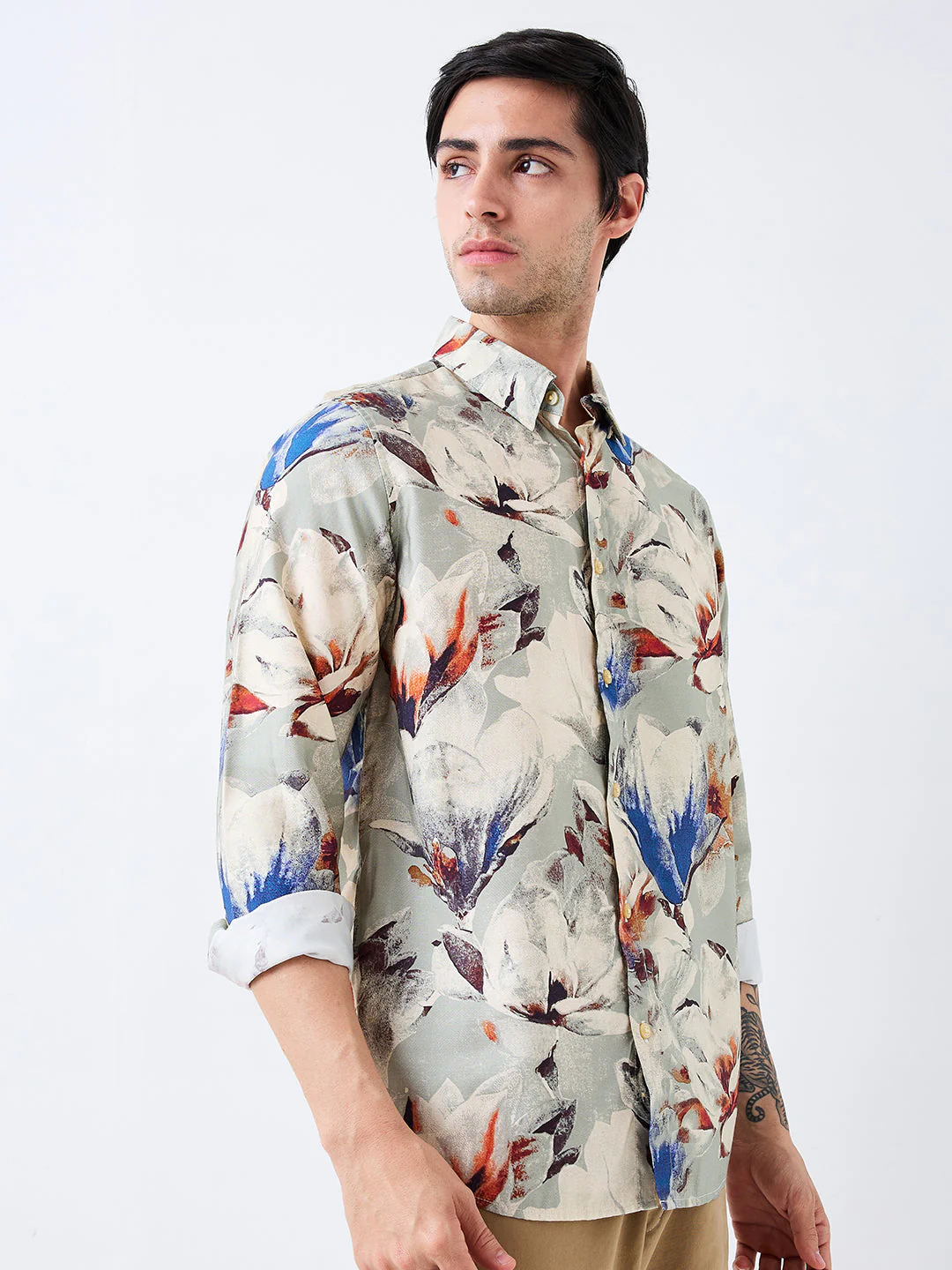 Men Shirt Print Grey Slim Fit - Image 3
