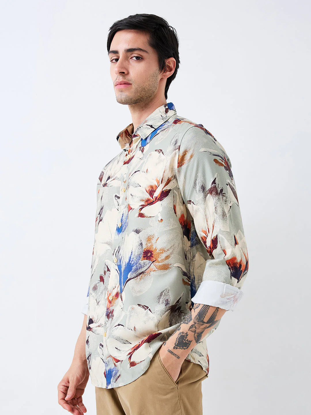 Men Shirt Print Grey Slim Fit - Image 4