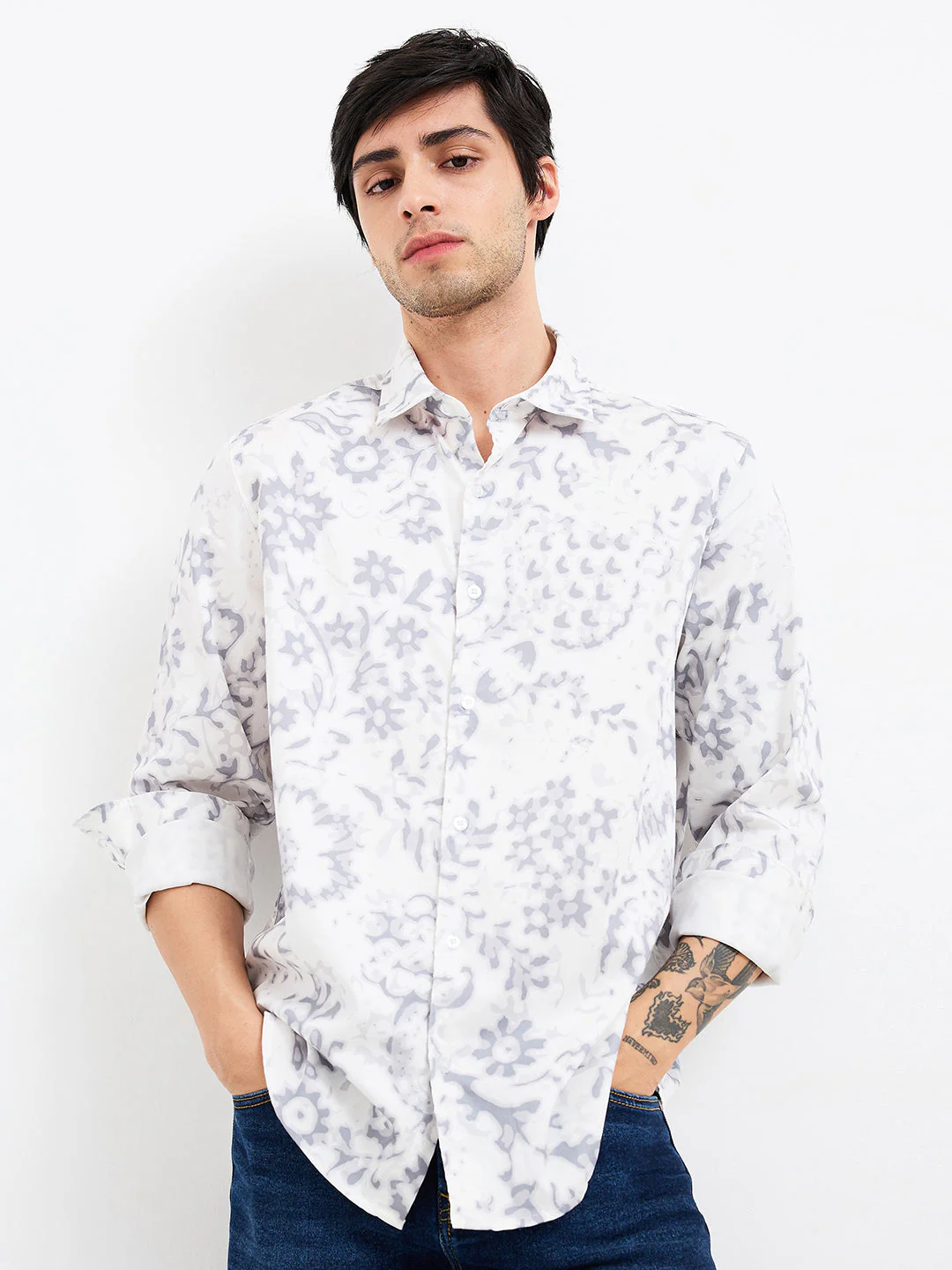 Men Shirt Print Grey Slim Fit