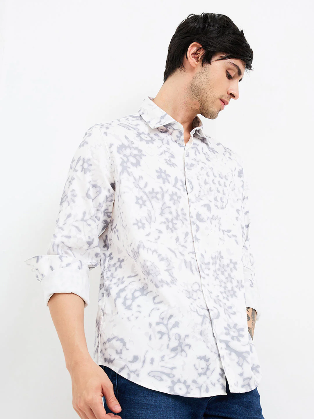 Men Shirt Print Grey Slim Fit - Image 2