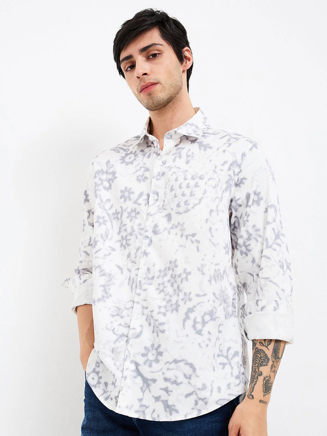 Men Shirt Print Grey Slim Fit - Image 3