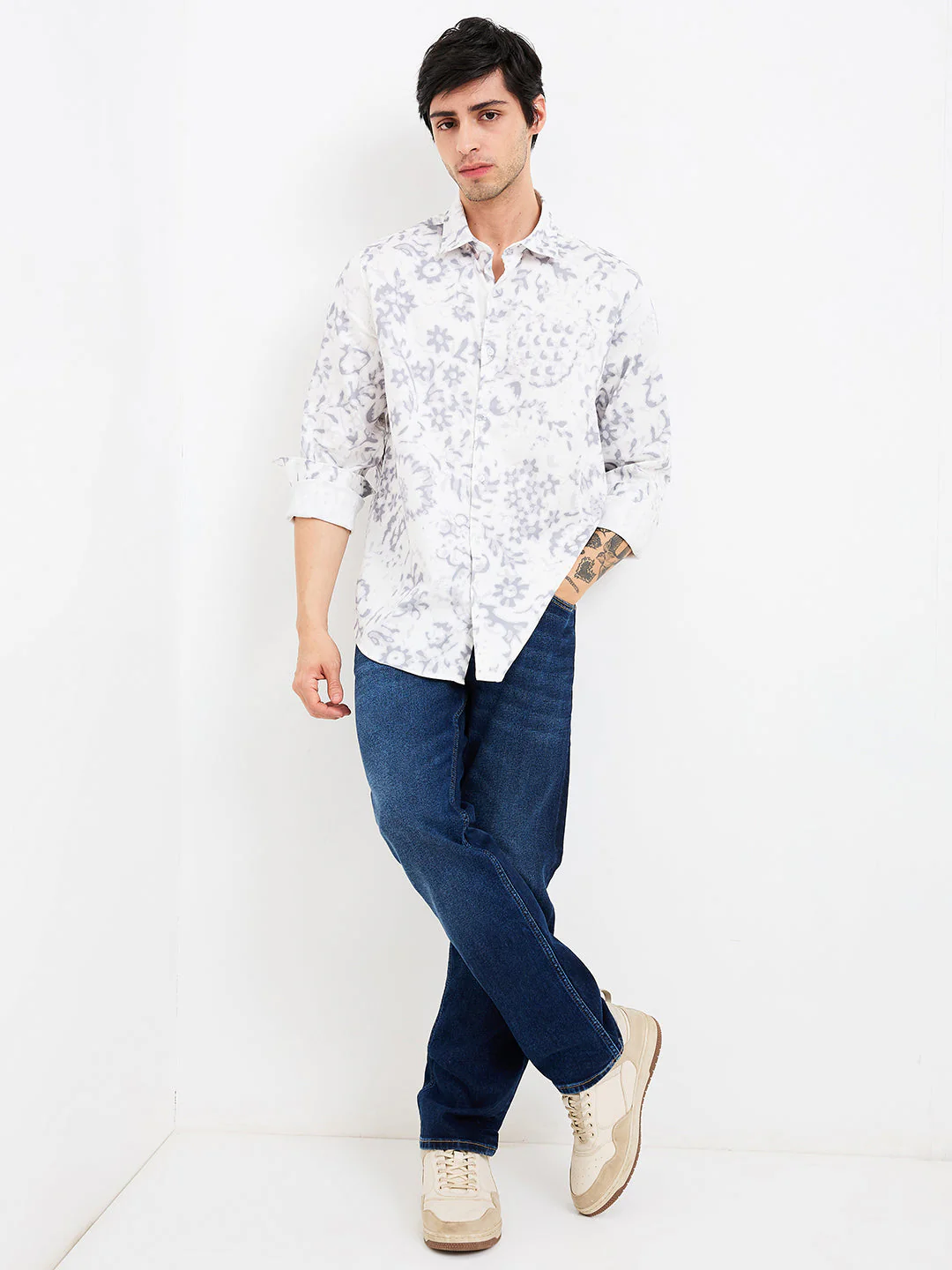 Men Shirt Print Grey Slim Fit - Image 5