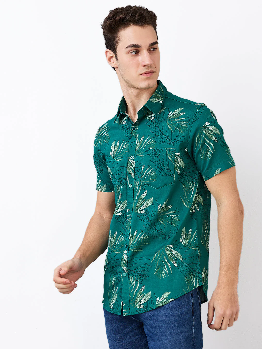 Men Shirt Print Green Slim Fit - Image 4