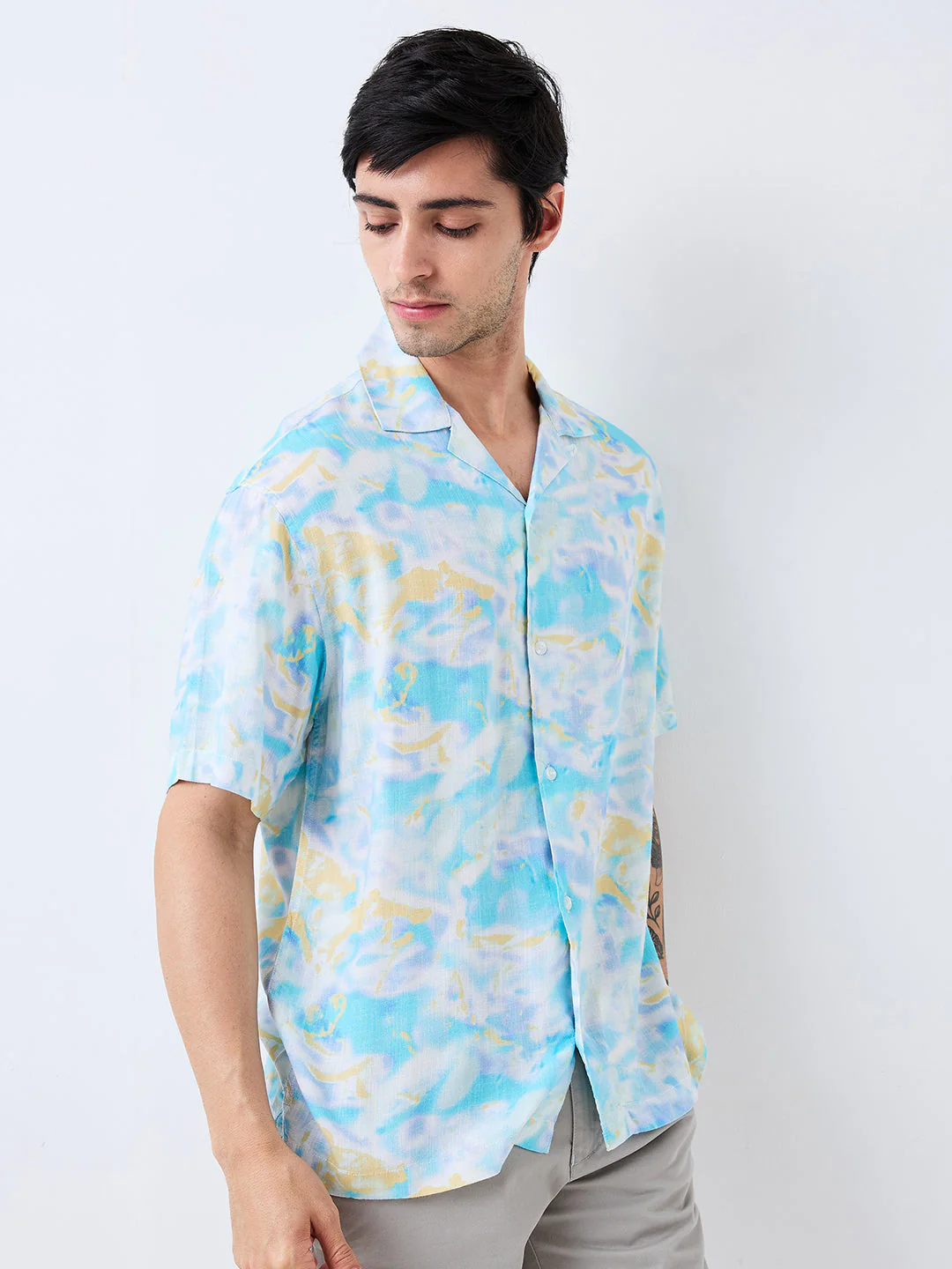 Men Shirt Print Blue Relaxed Fit - Image 3
