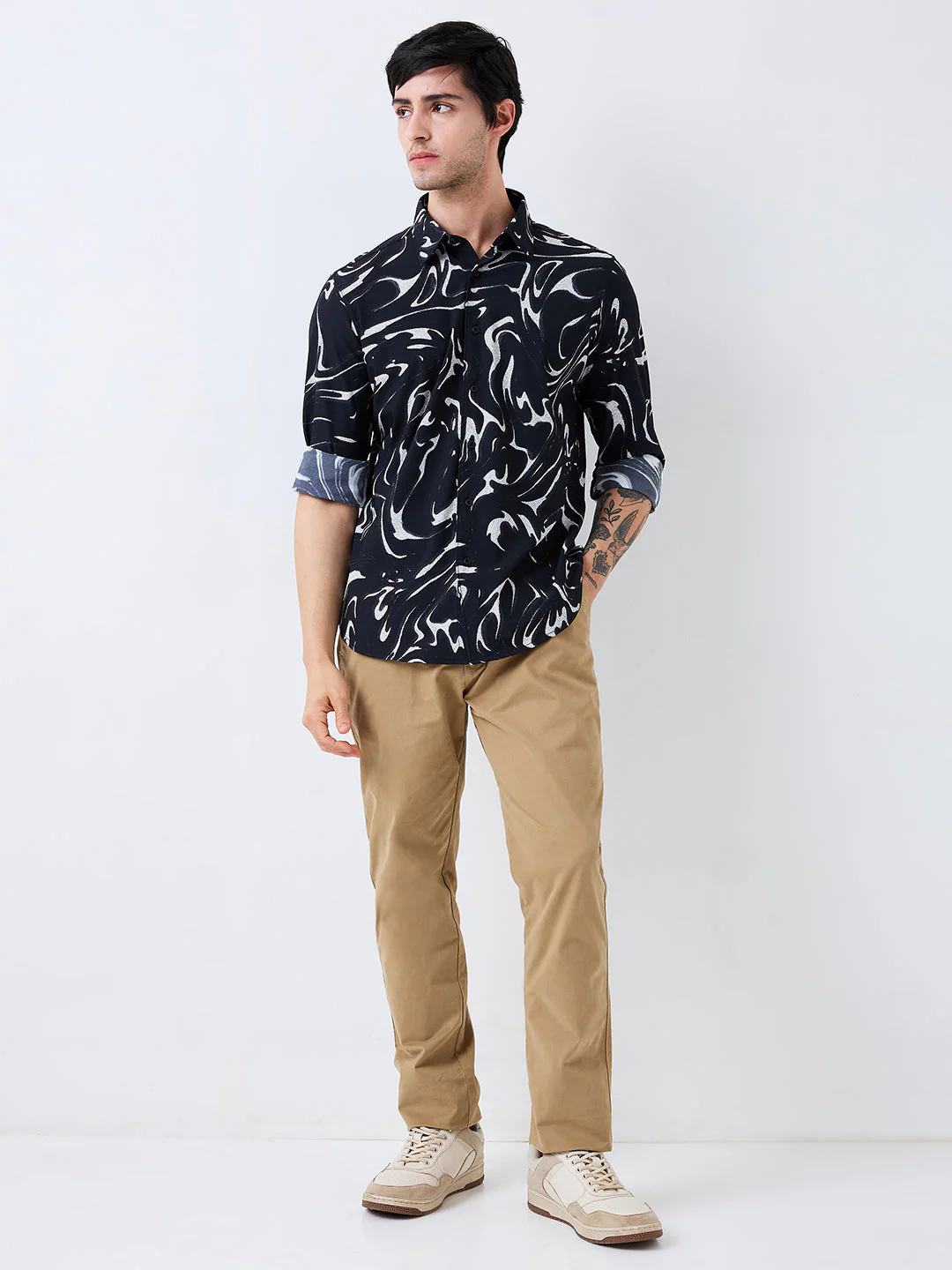 Men Shirt Print Black Slim Fit - Image 5