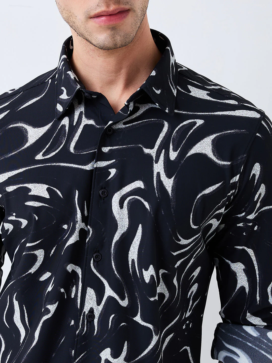 Men Shirt Print Black Slim Fit - Image 6