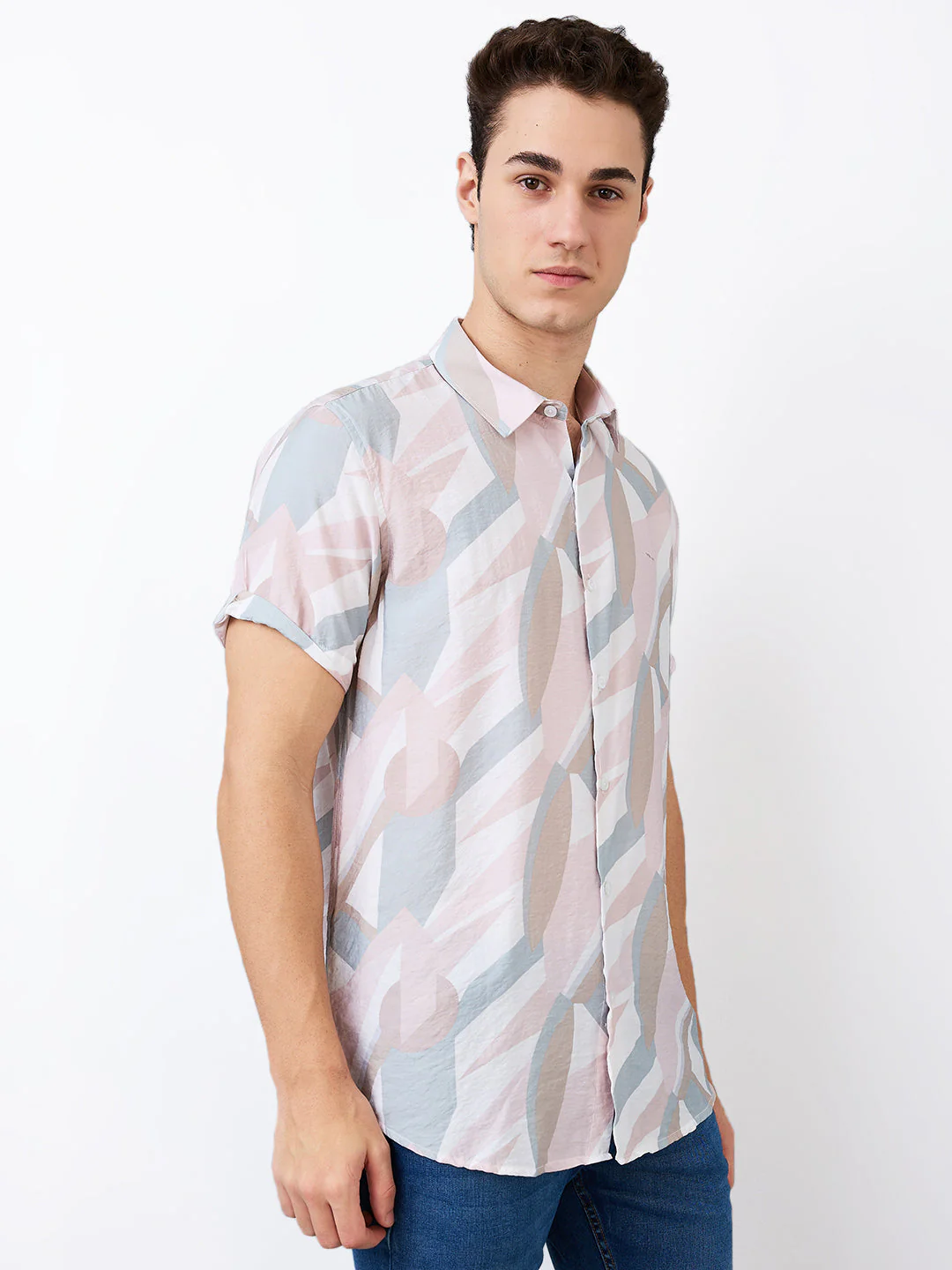 Men Shirt Print Pink Slim Fit - Image 3