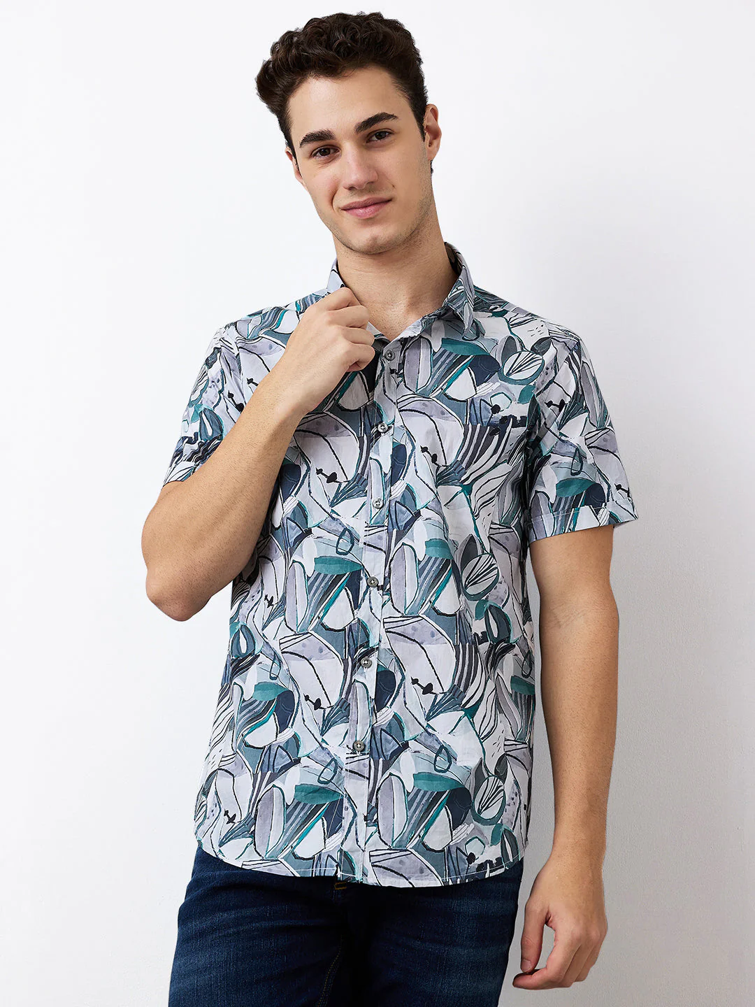 Men Shirt Print Green Slim Fit