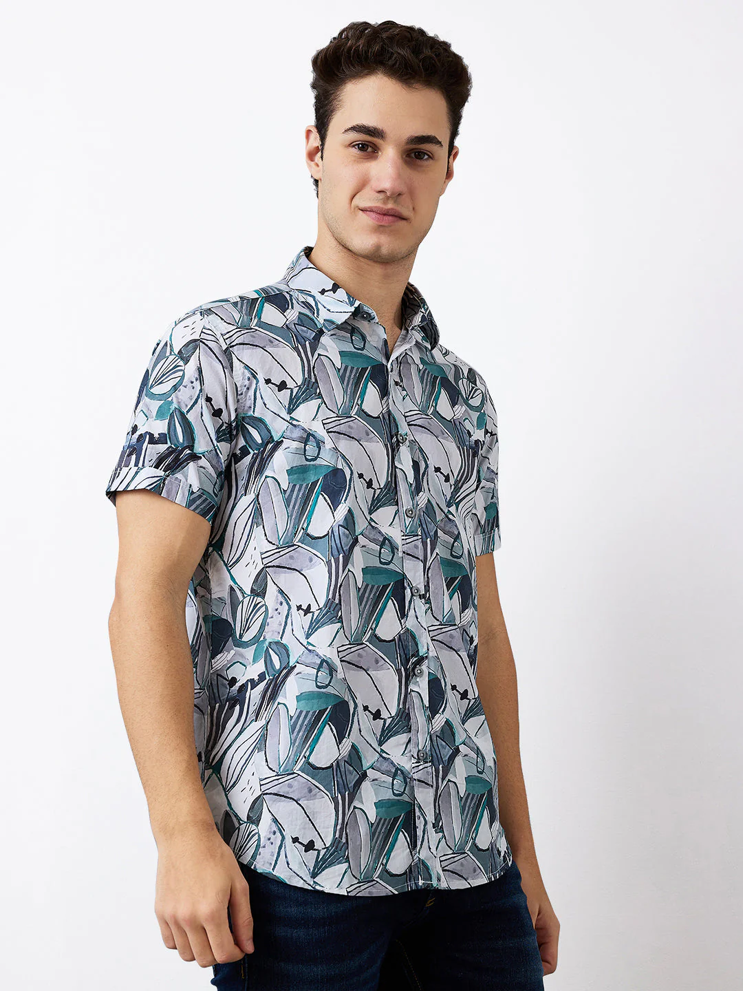 Men Shirt Print Green Slim Fit - Image 3