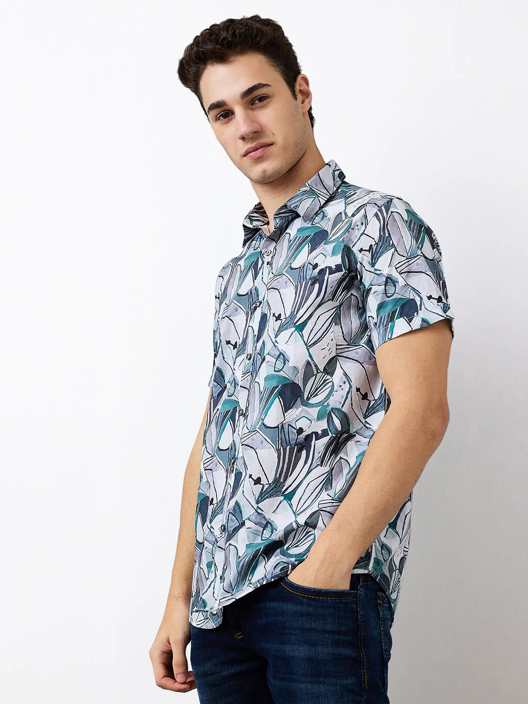 Men Shirt Print Green Slim Fit - Image 4