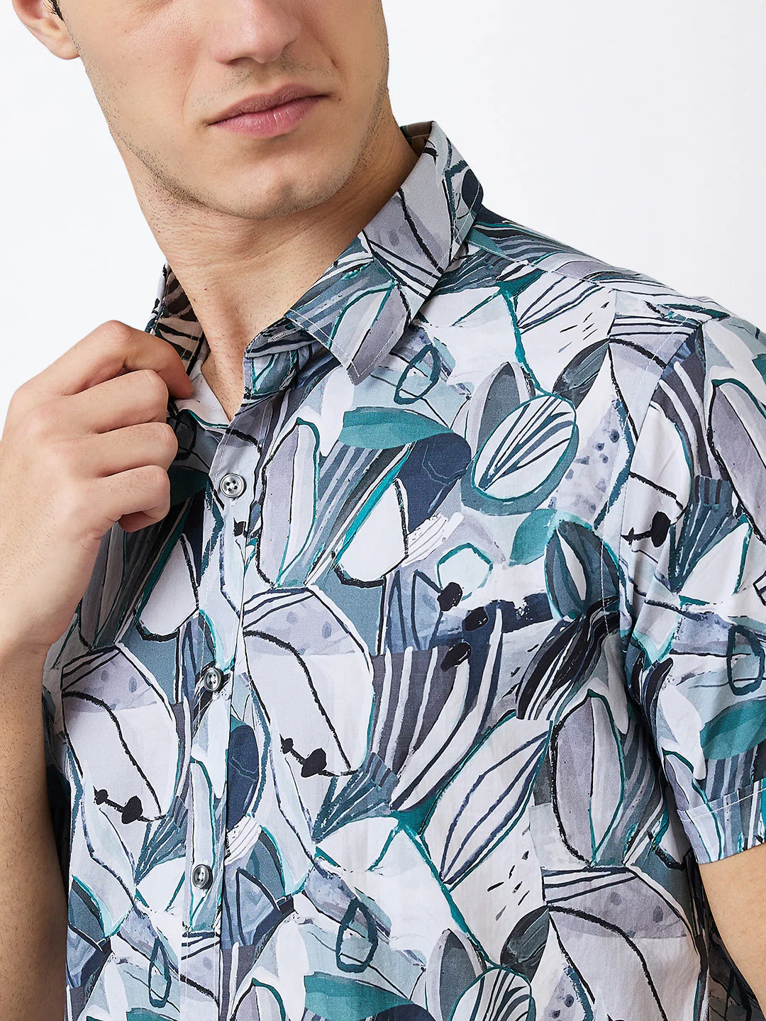 Men Shirt Print Green Slim Fit - Image 6