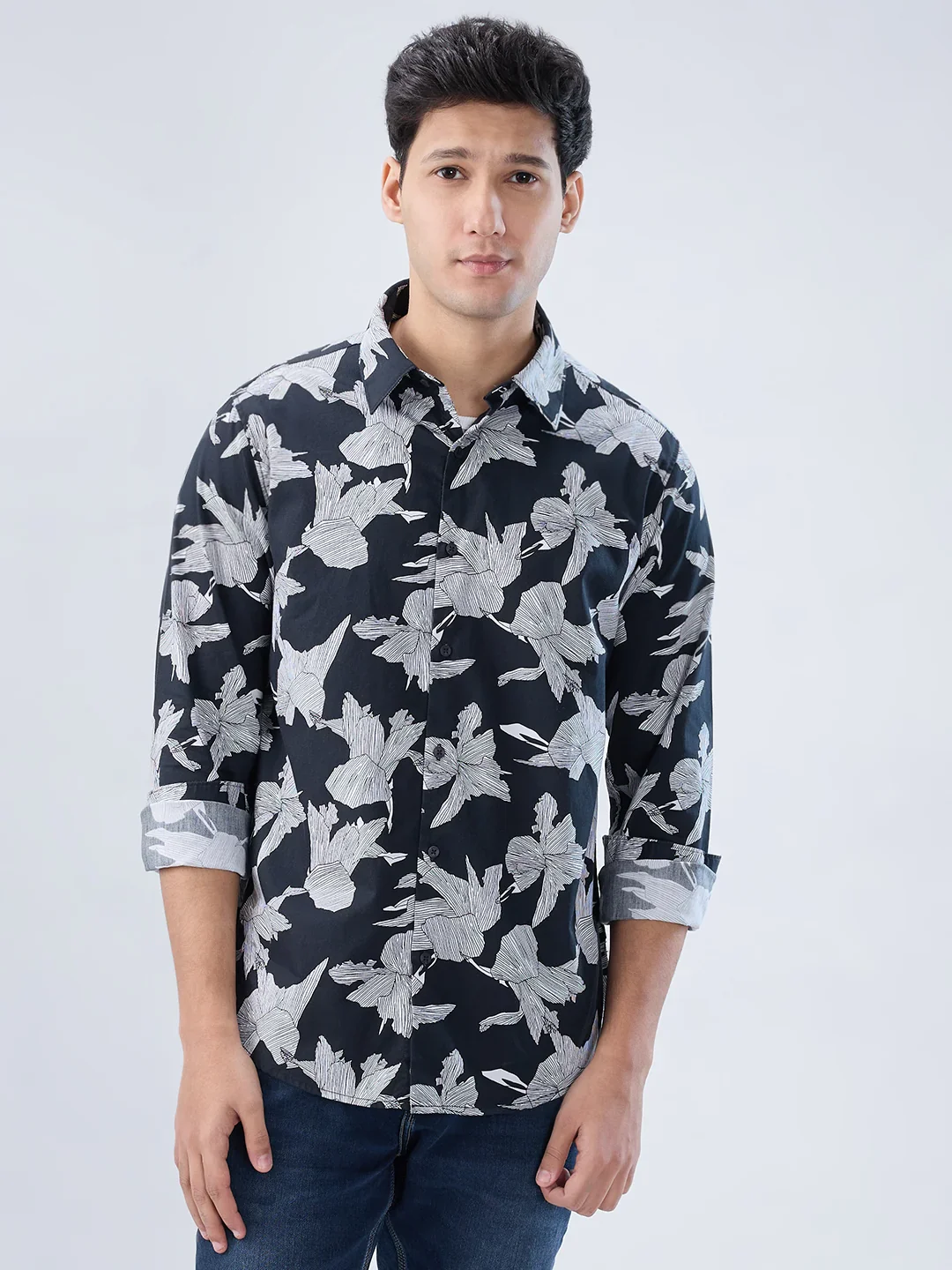 Men Shirt Print Black Regular Fit