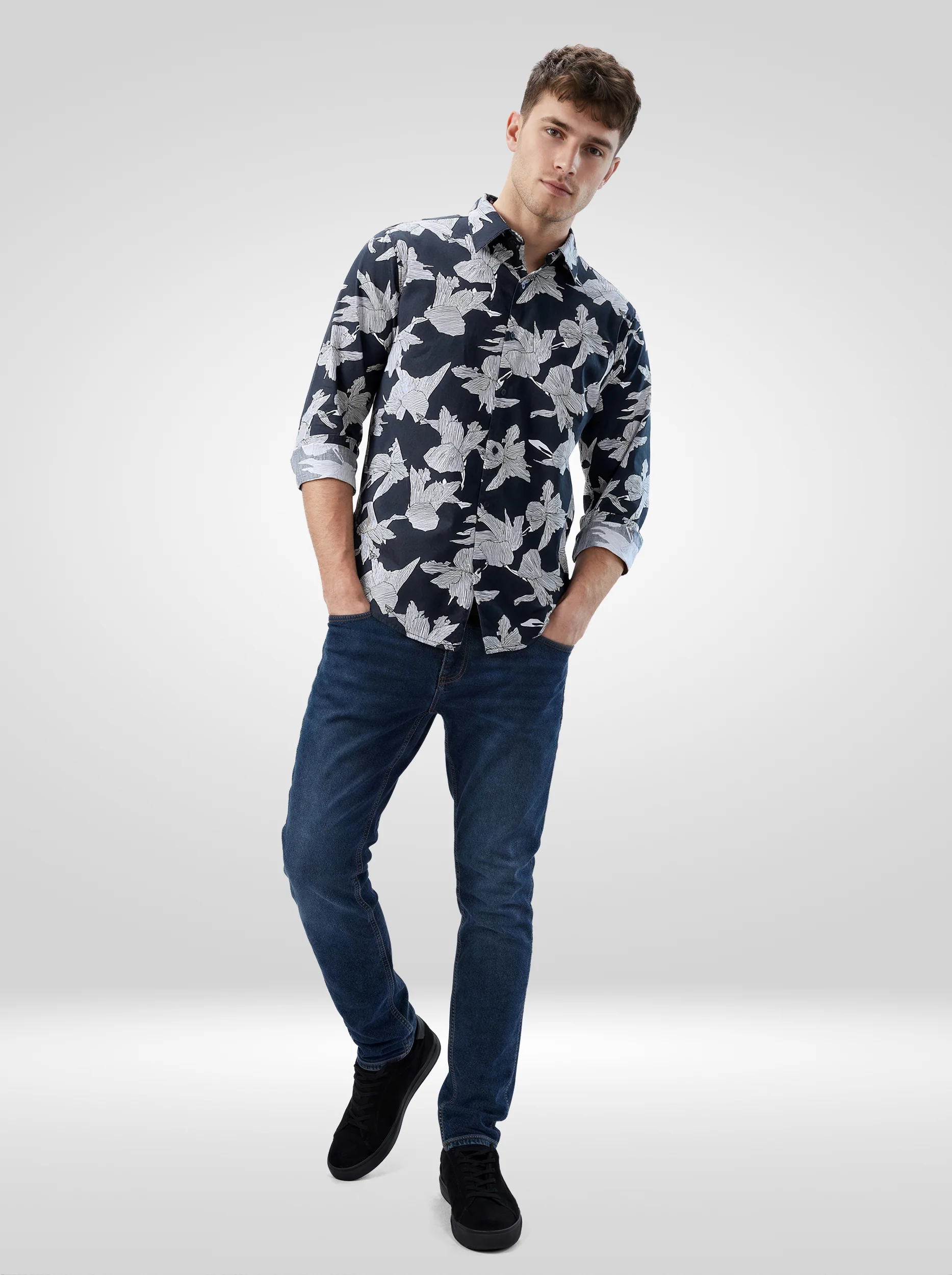 Men Shirt Print Black Regular Fit - Image 2