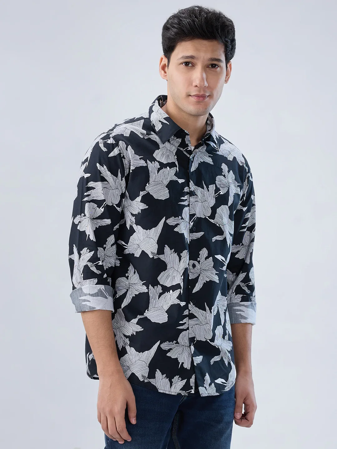 Men Shirt Print Black Regular Fit - Image 3