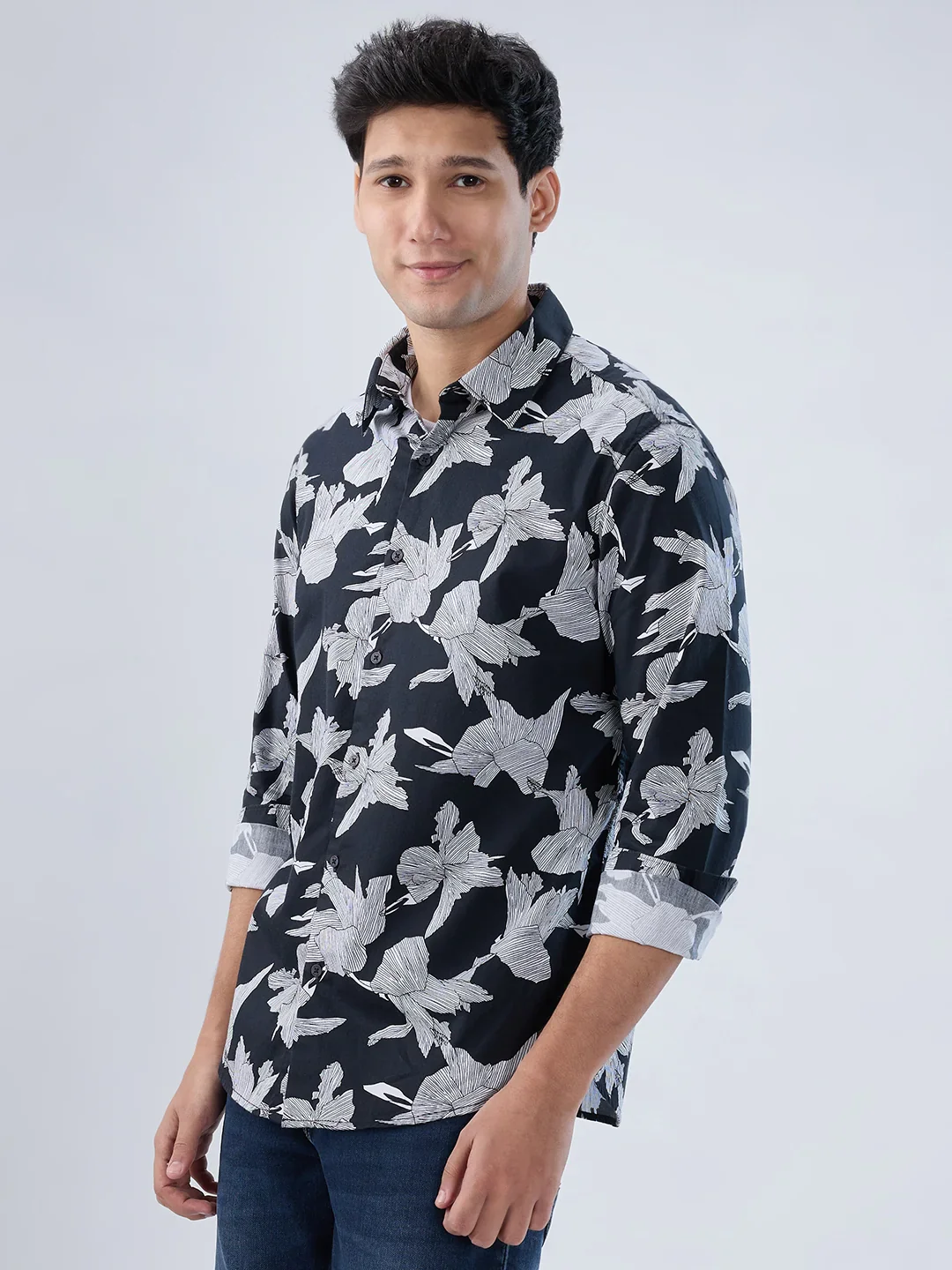 Men Shirt Print Black Regular Fit - Image 4